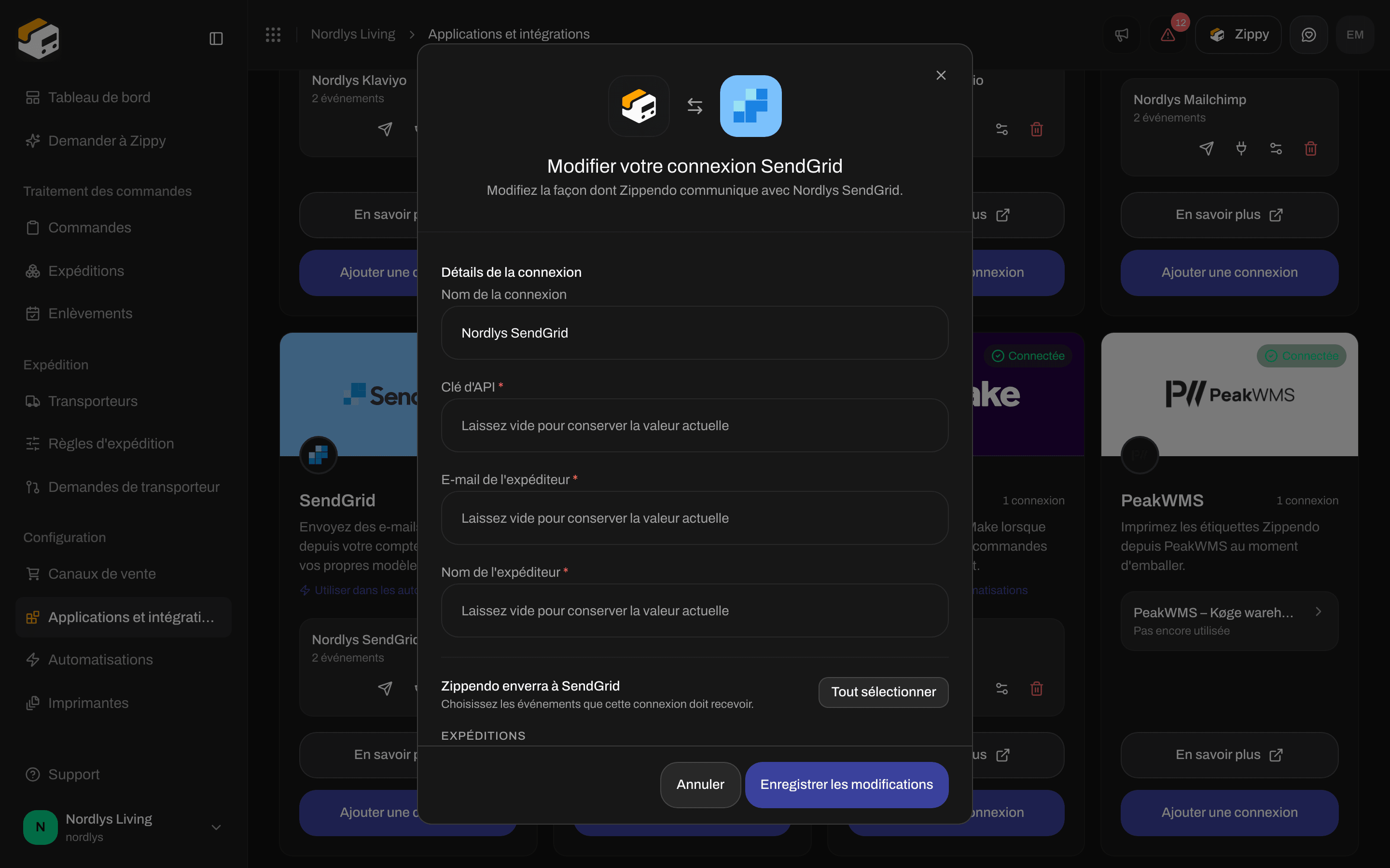Fenêtre de modification d'une connexion SendGrid avec le nom de la connexion, les champs Clé d'API, E-mail de l'expéditeur et Nom de l'expéditeur vides et les événements