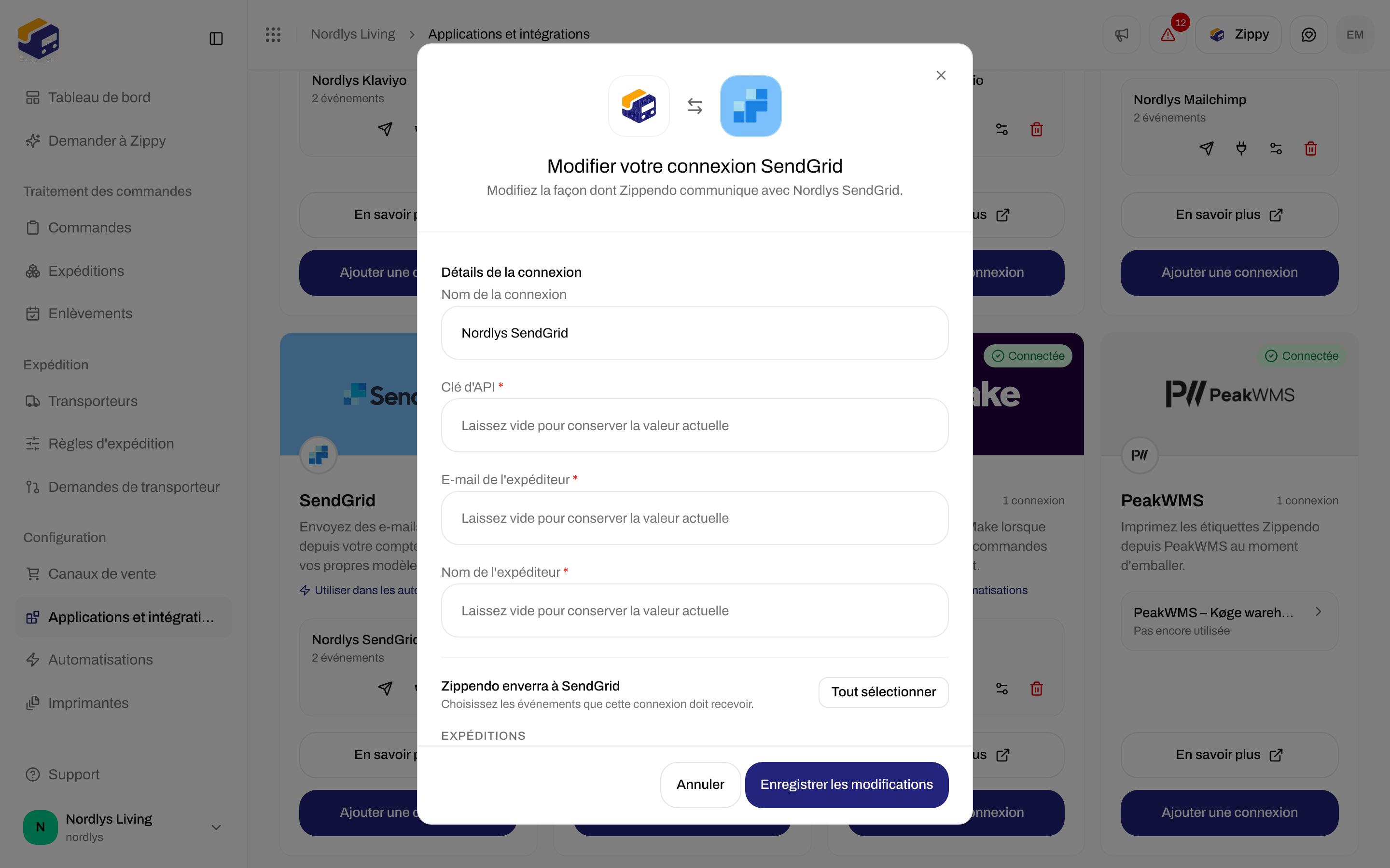 Fenêtre de modification d'une connexion SendGrid avec le nom de la connexion, les champs Clé d'API, E-mail de l'expéditeur et Nom de l'expéditeur vides et les événements