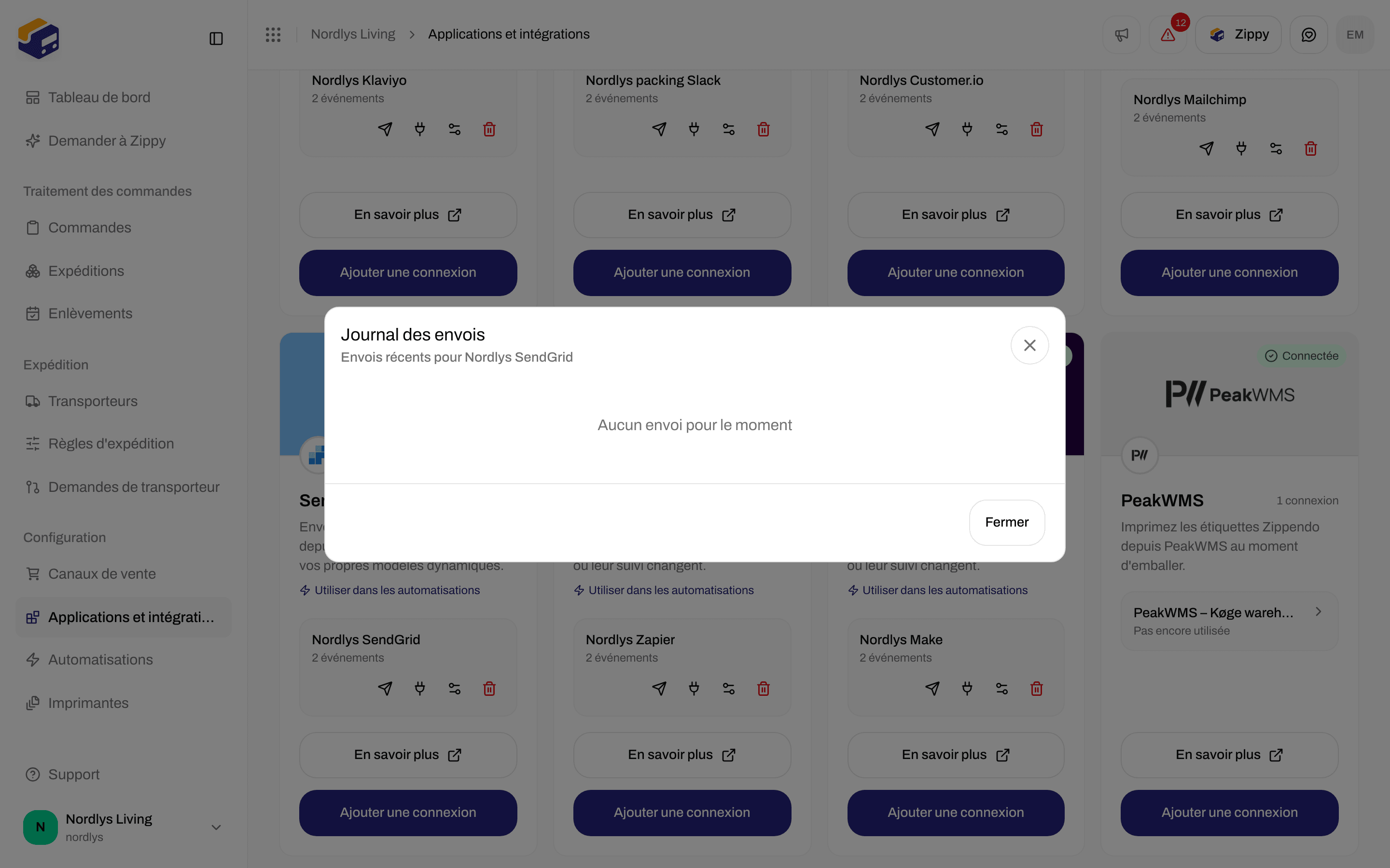 Fenêtre du journal des envois d'une connexion SendGrid indiquant Aucun envoi pour le moment