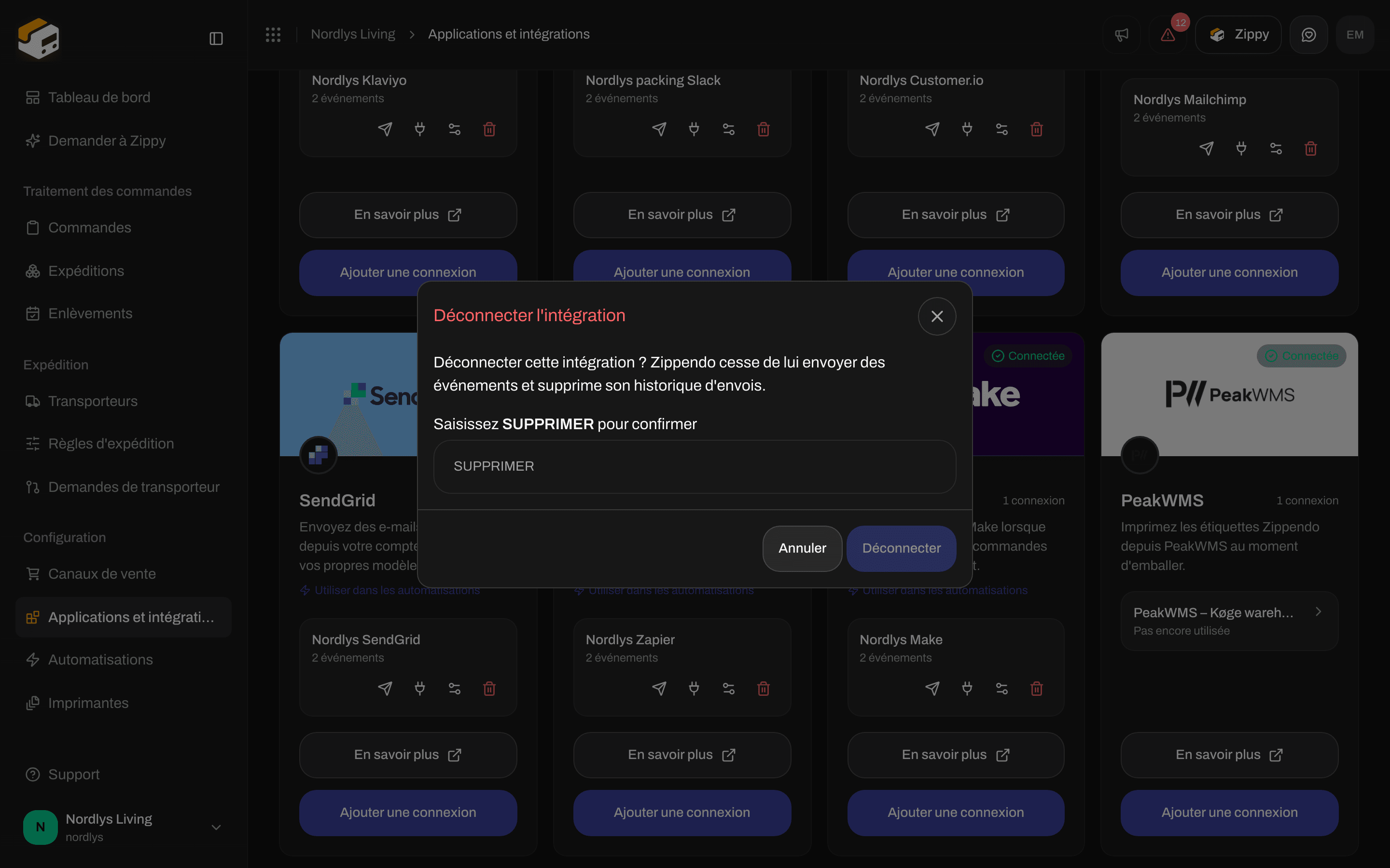 Fenêtre Déconnecter l'intégration demandant de saisir DELETE