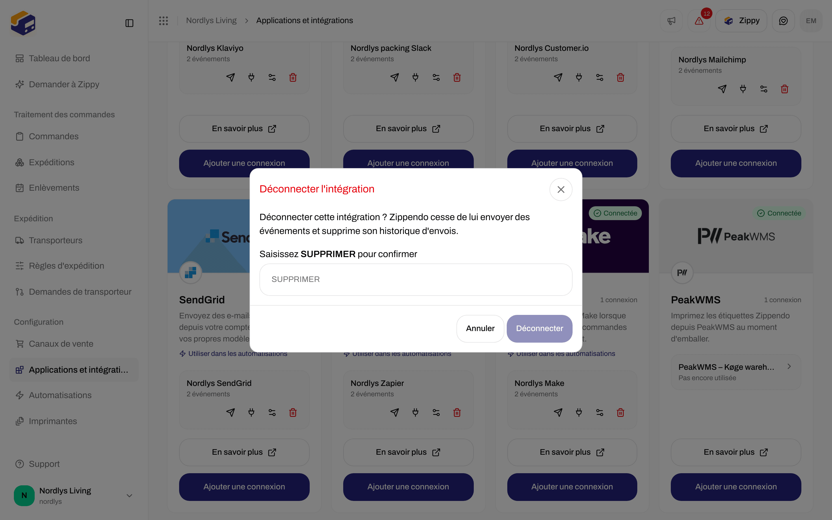 Fenêtre Déconnecter l'intégration demandant de saisir DELETE