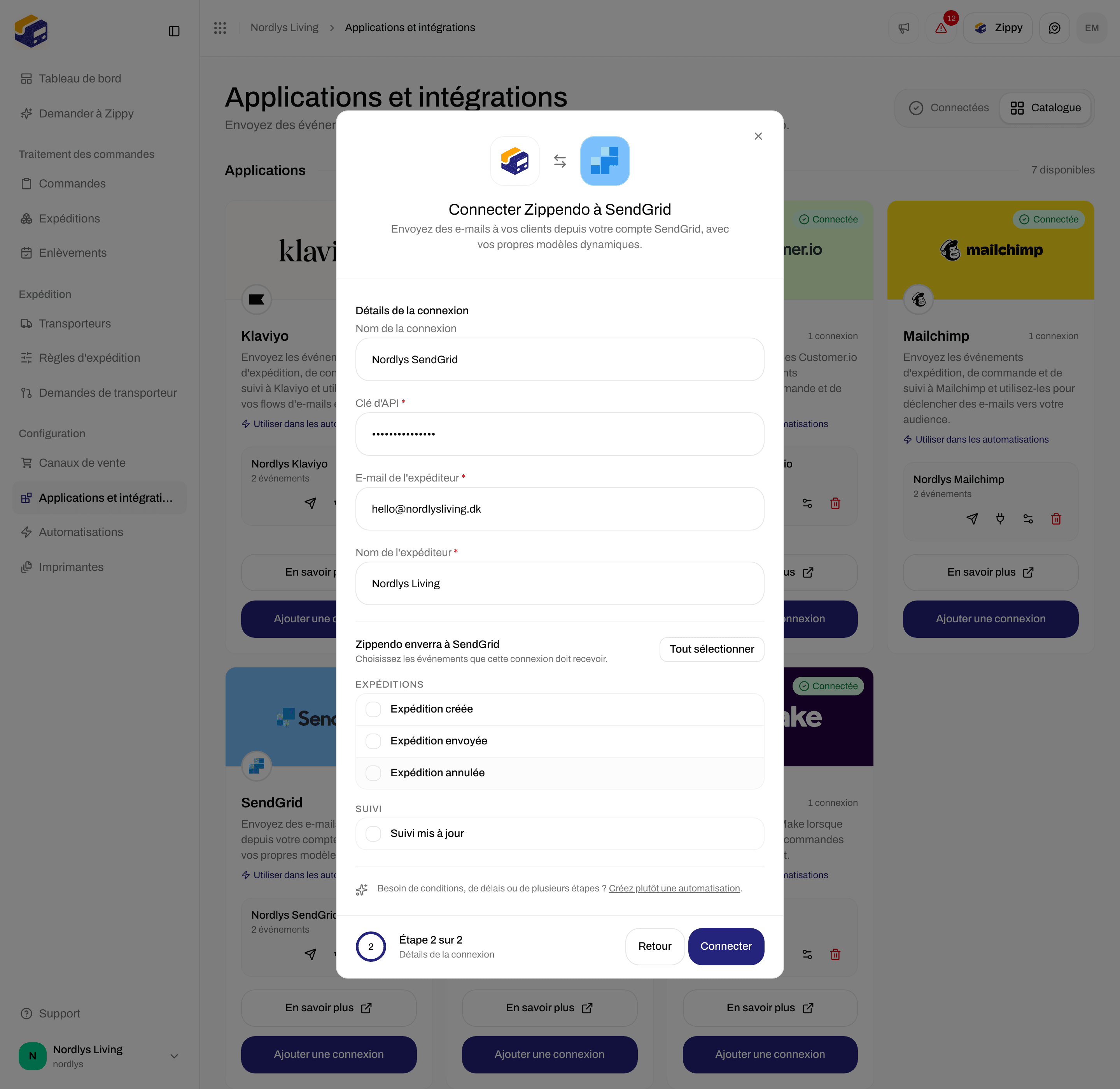 Fenêtre de connexion de SendGrid défilée jusqu'aux cases à cocher des événements, dont Suivi mis à jour