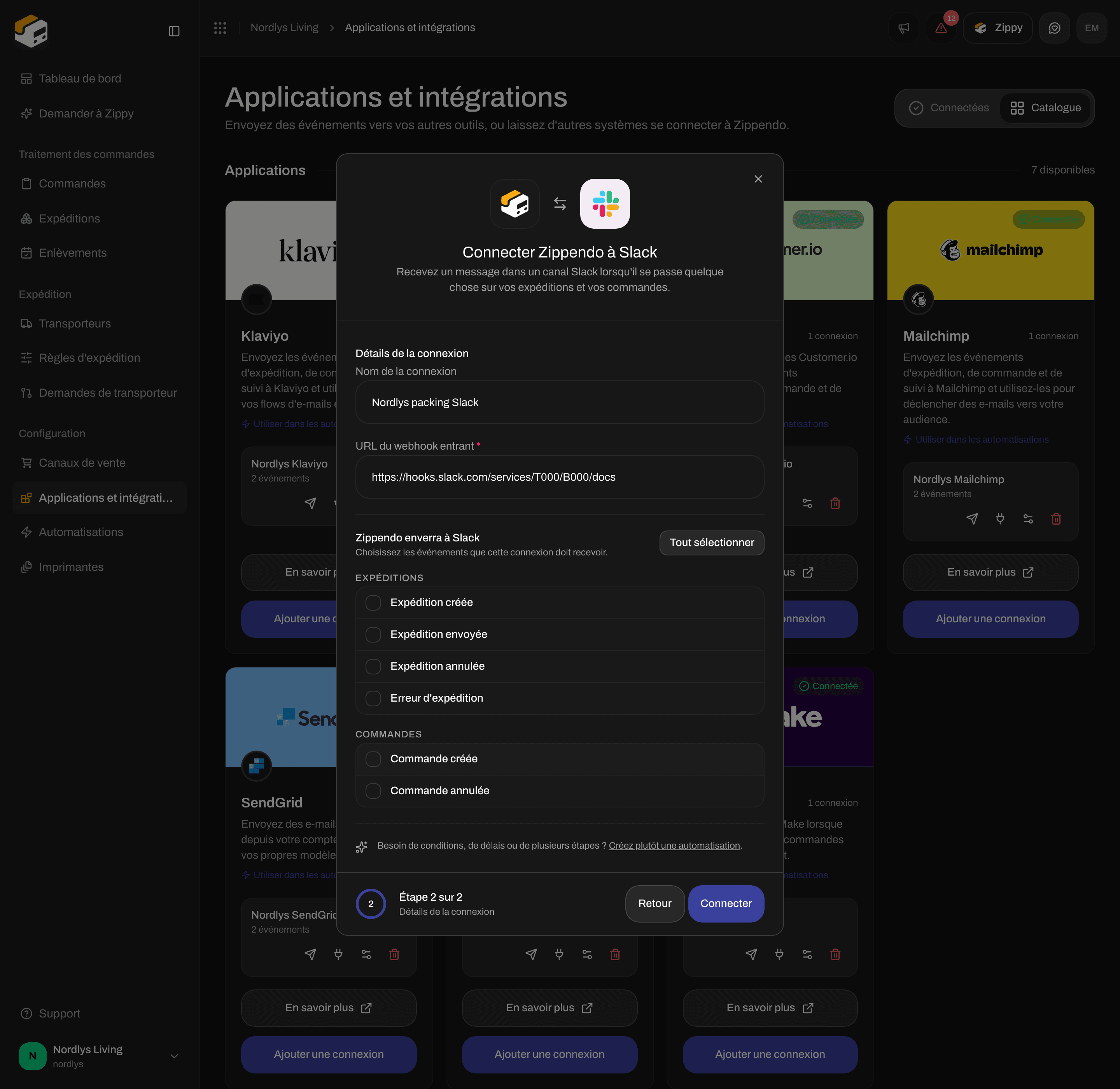 Fenêtre de connexion de Slack avec un nom de connexion, l'URL du webhook entrant et les cases d'événements