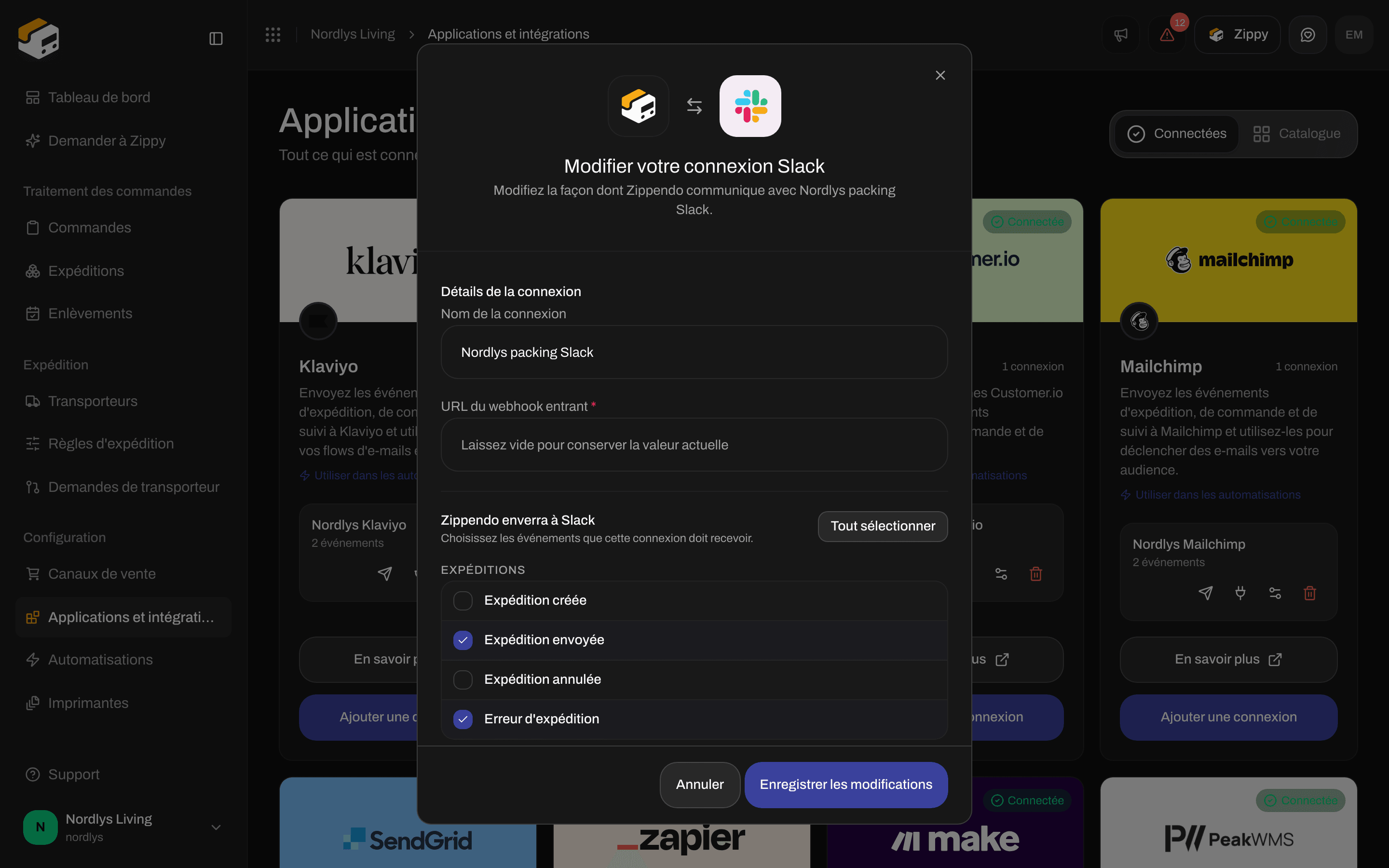 Fenêtre de modification d'une connexion Slack avec le nom de la connexion, un champ de webhook vide et les événements