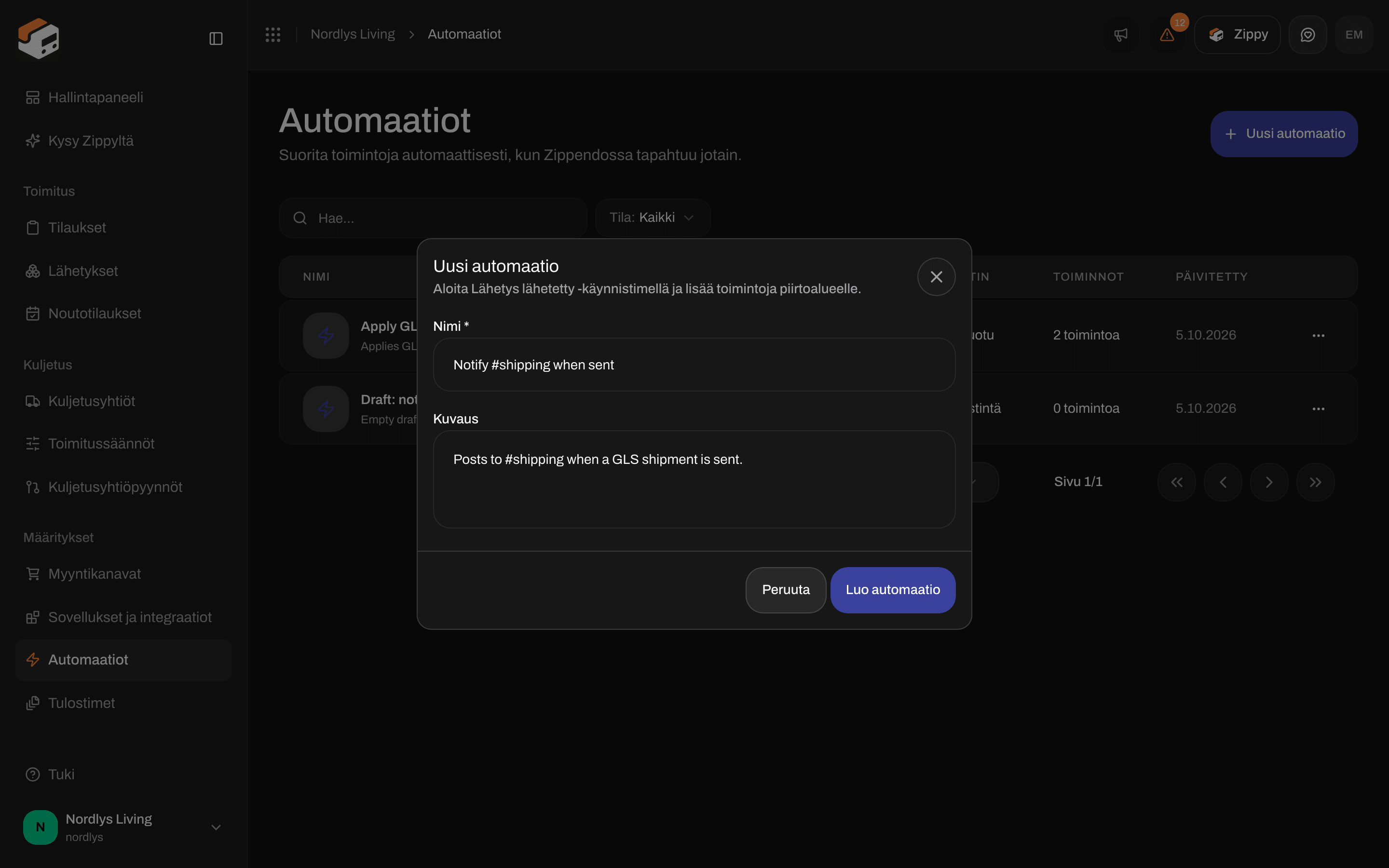 Uusi automaatio -ikkuna, jossa Nimi, Kuvaus, Peruuta ja Luo automaatio