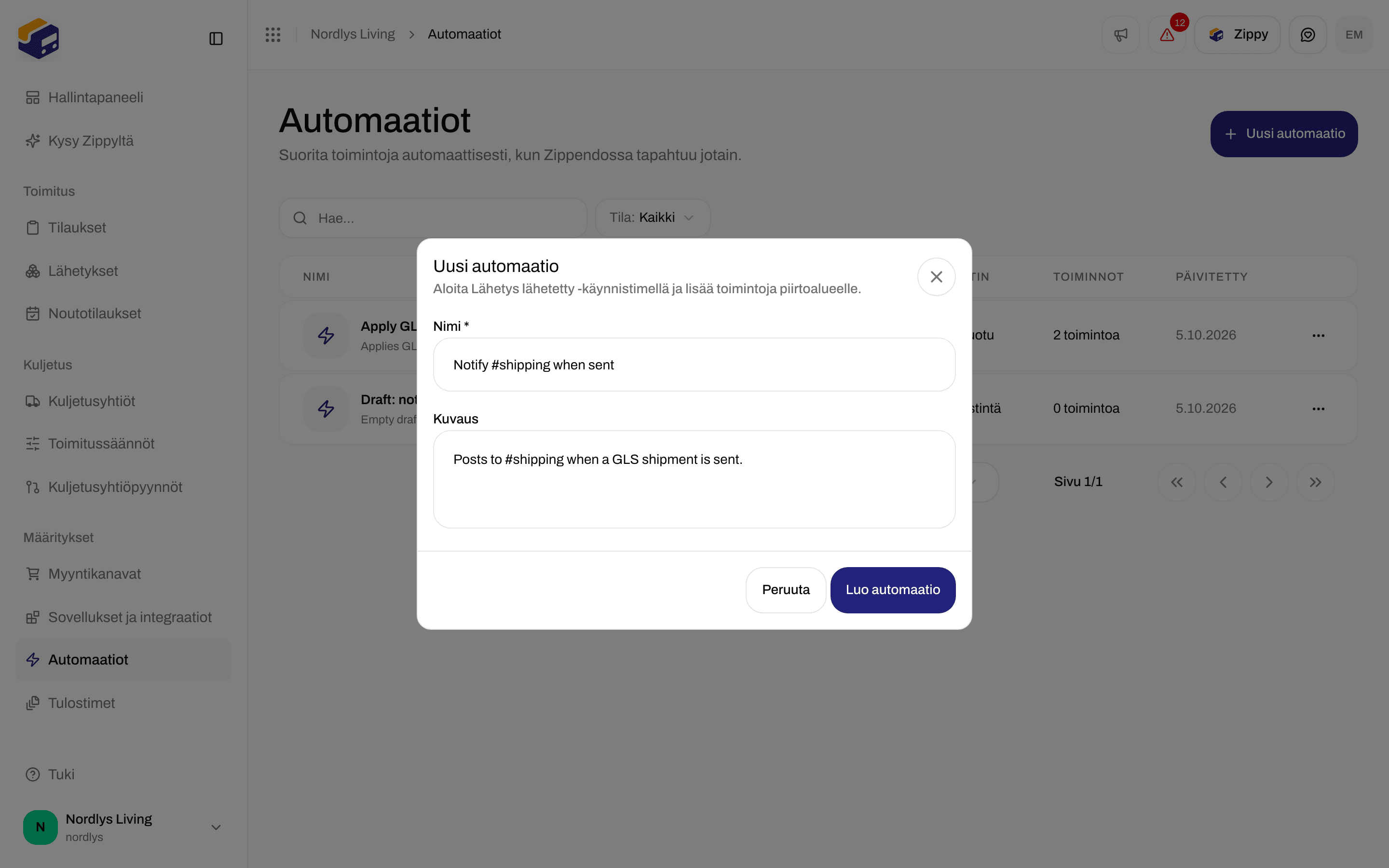 Uusi automaatio -ikkuna, jossa Nimi, Kuvaus, Peruuta ja Luo automaatio