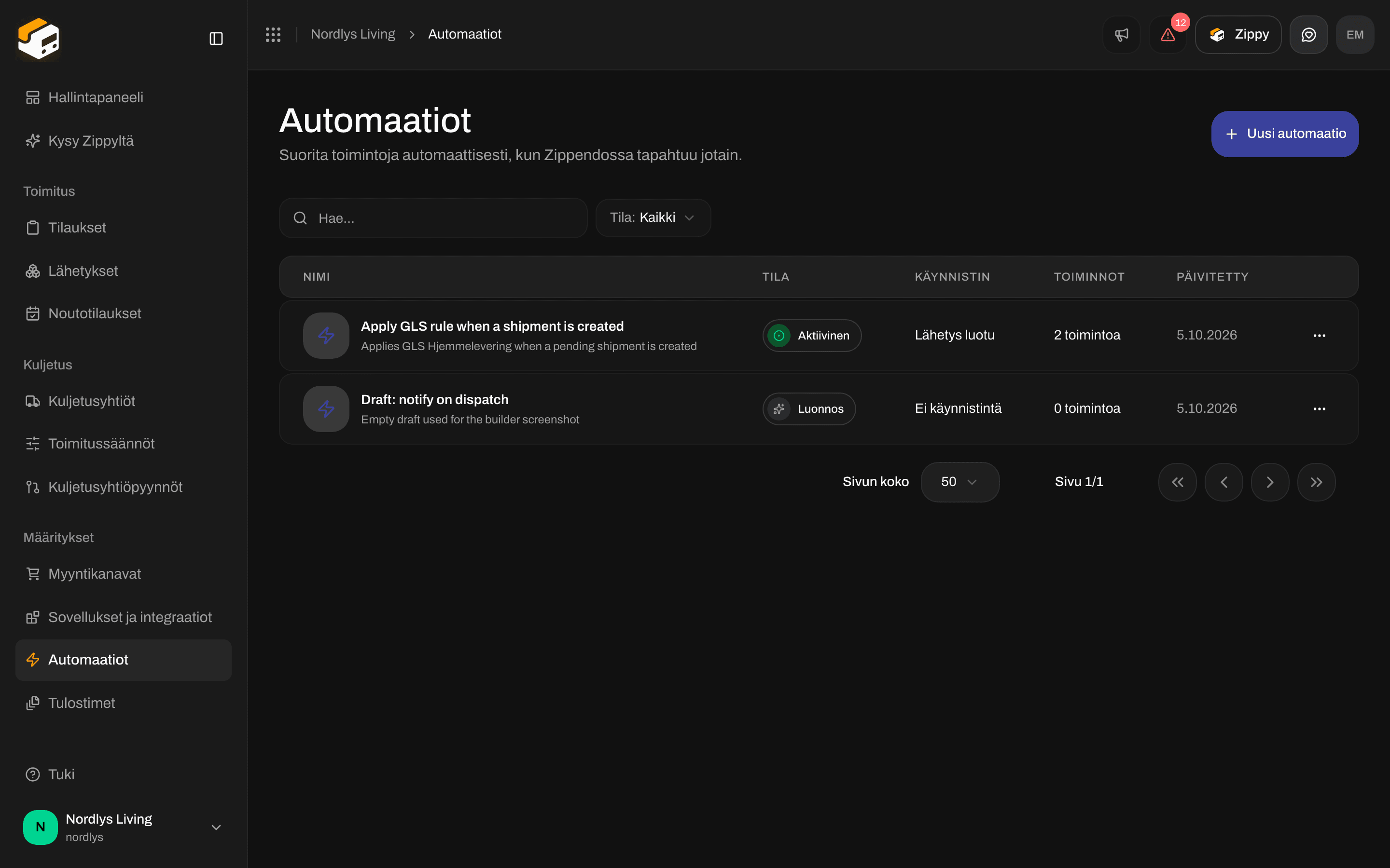 Suodattimet-paneeli, jossa Hae ja Tila Automaatiot-luettelossa
