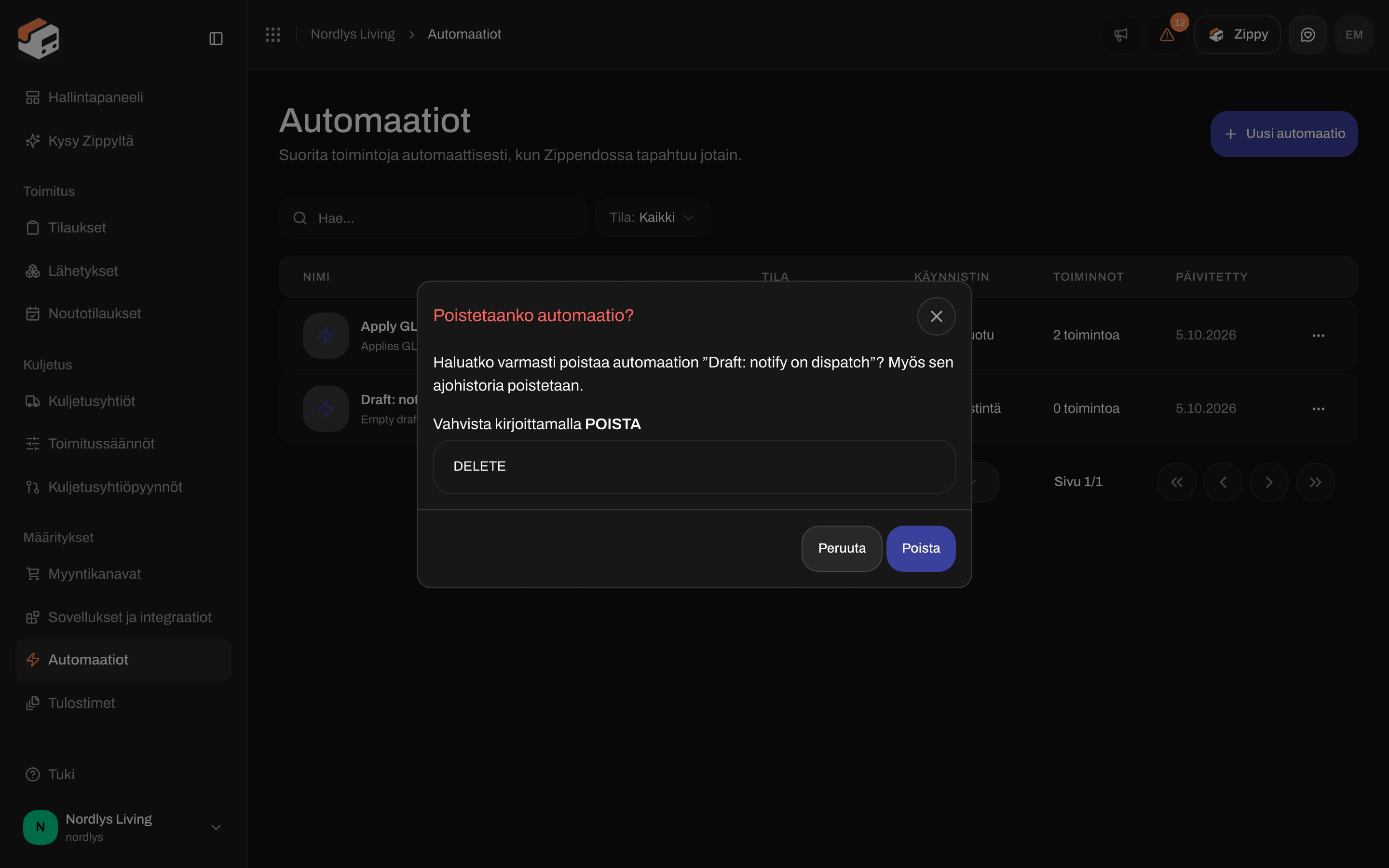 Poista automaatio -ikkuna, joka pyytää vahvistamaan kirjoittamalla DELETE