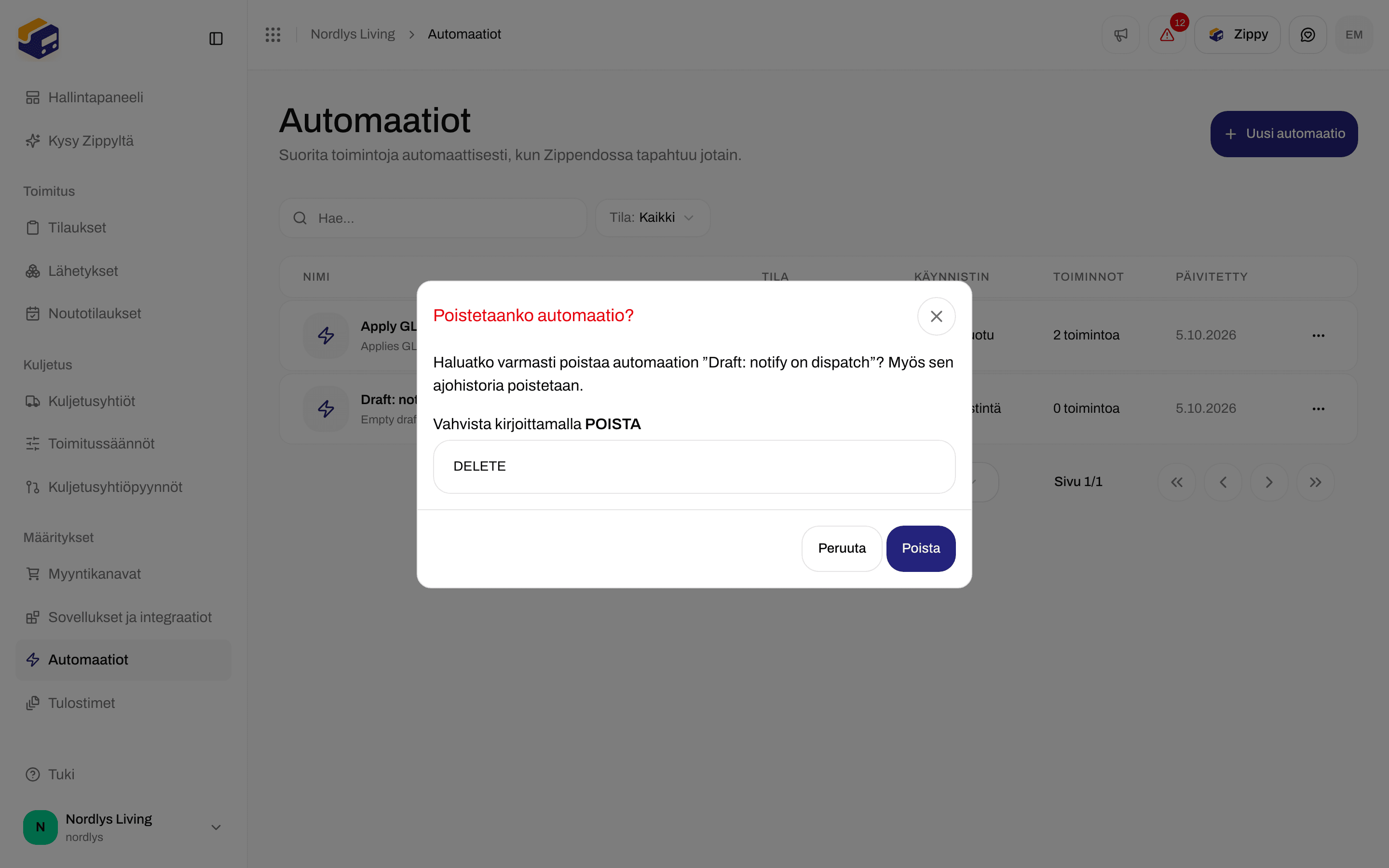 Poista automaatio -ikkuna, joka pyytää vahvistamaan kirjoittamalla DELETE