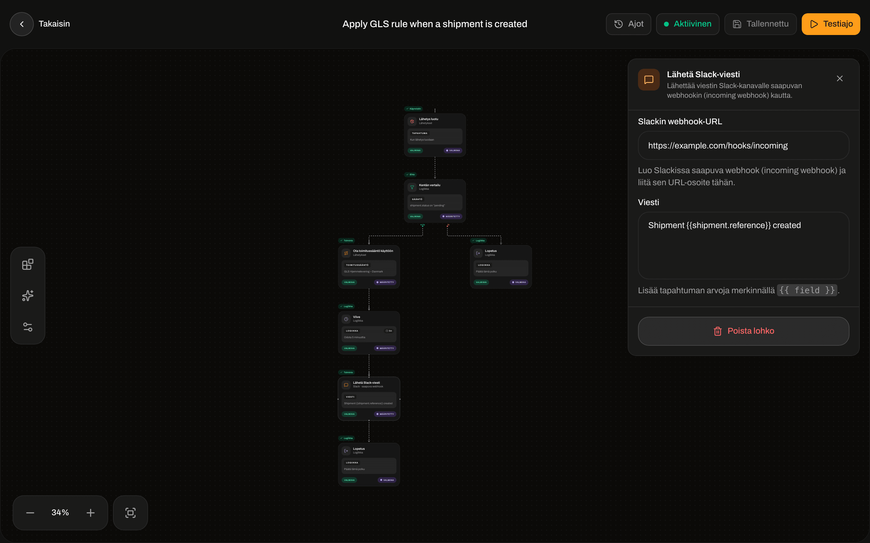 Lähetä Slack-viesti -asetukset, joissa Slackin webhook-URL ja Viesti