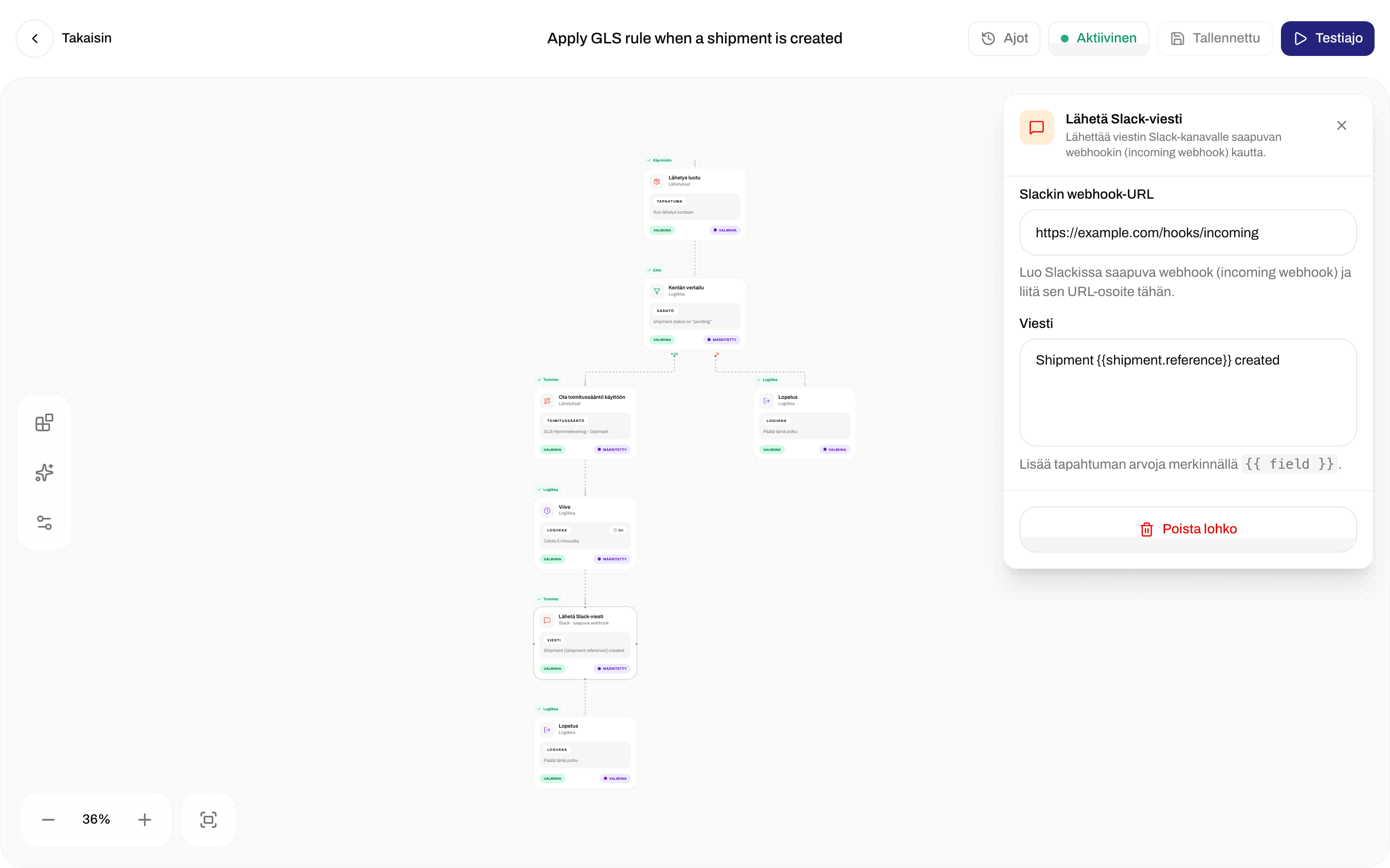 Lähetä Slack-viesti -asetukset, joissa Slackin webhook-URL ja Viesti