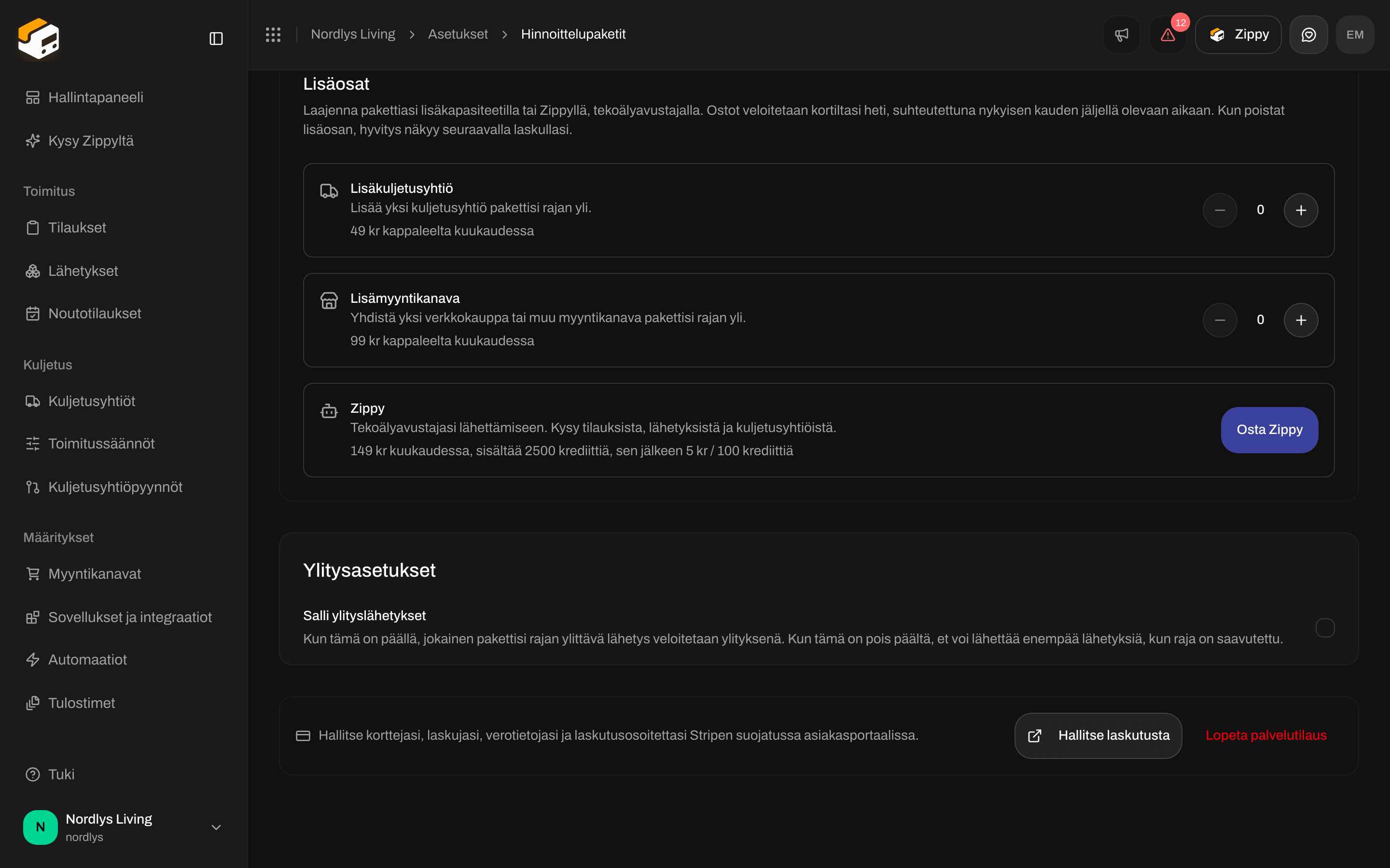 Ylitysasetukset, joissa Salli ylityslähetykset ja Hallitse laskutusta