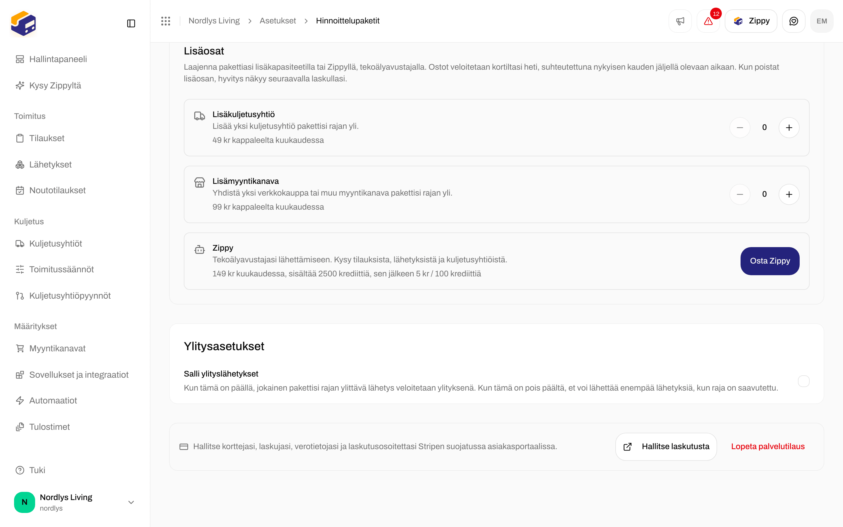 Ylitysasetukset, joissa Salli ylityslähetykset ja Hallitse laskutusta