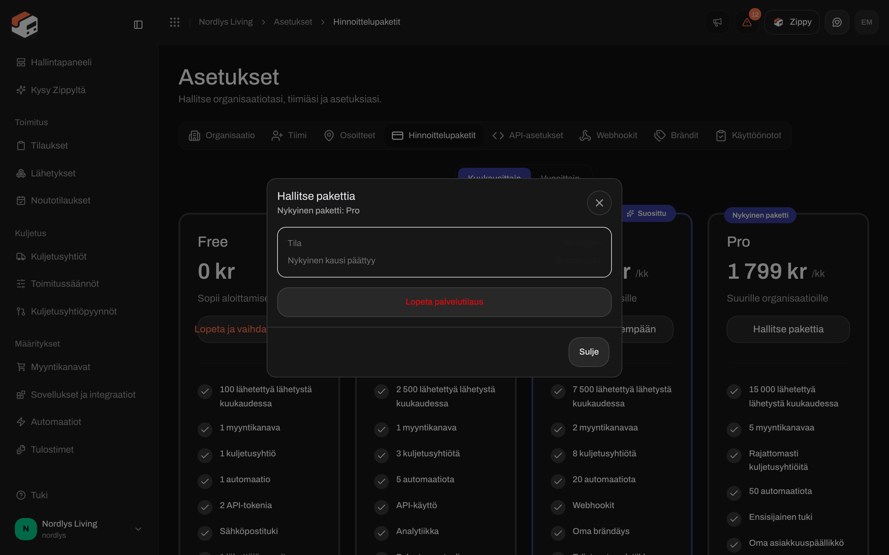 Hallitse pakettia -ikkuna, jossa nykyinen paketti, tila ja Lopeta palvelutilaus