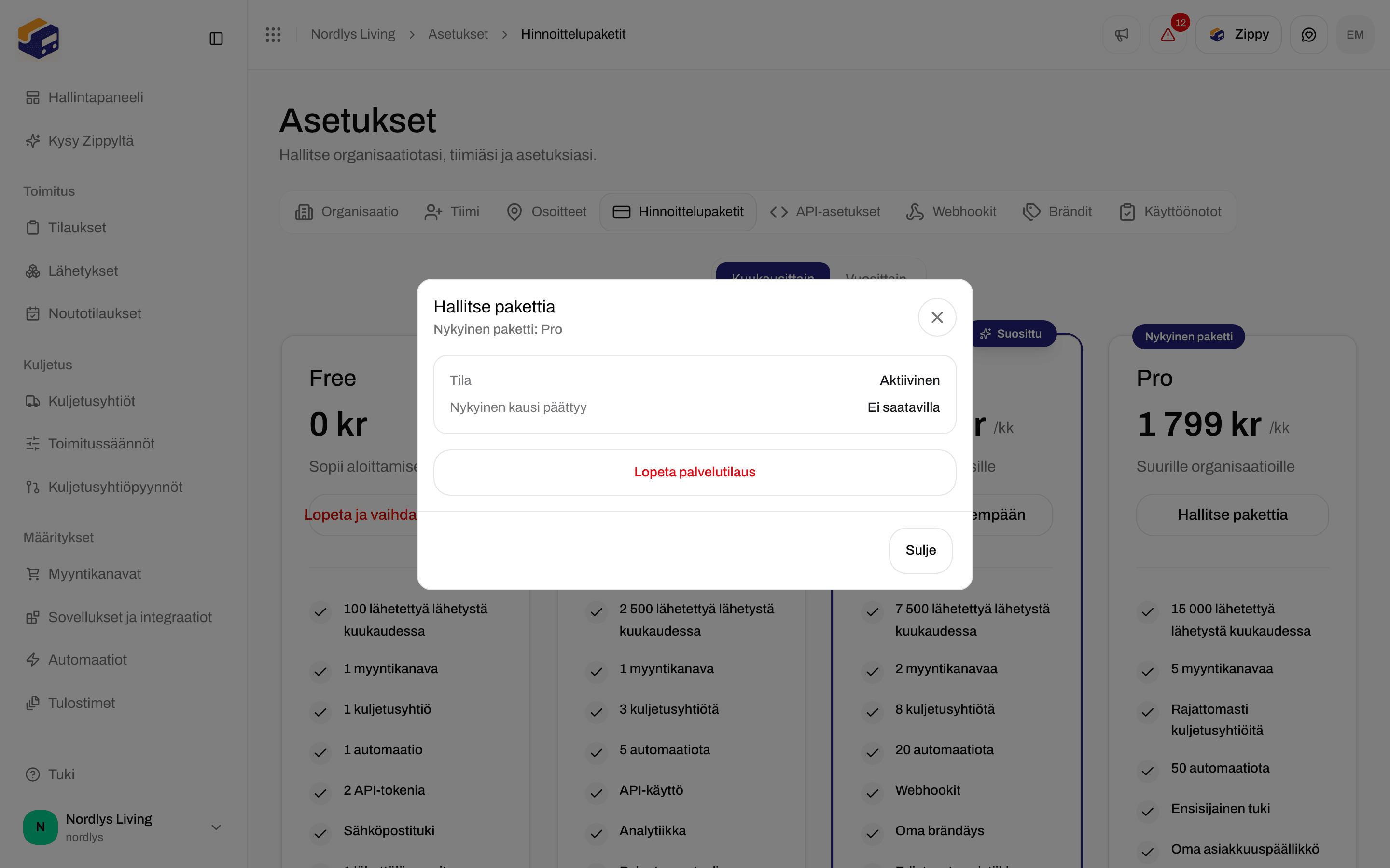 Hallitse pakettia -ikkuna, jossa nykyinen paketti, tila ja Lopeta palvelutilaus