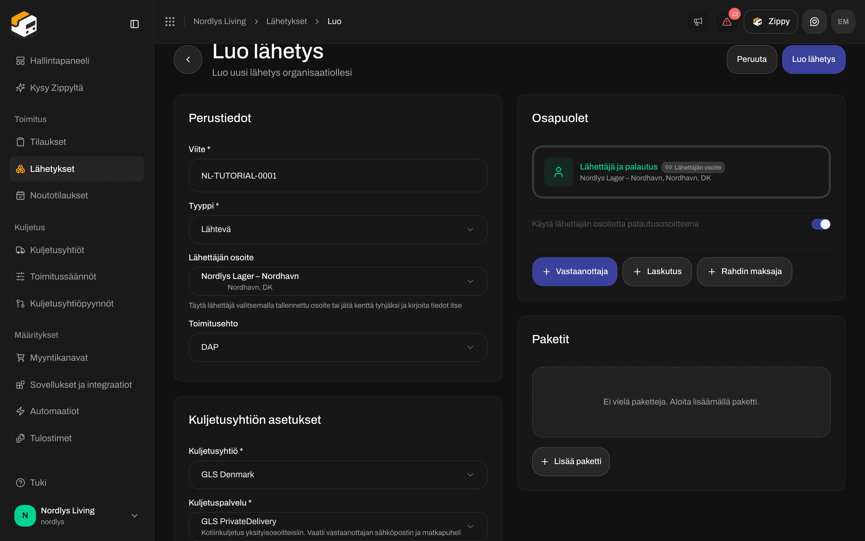 Kuljetusyhtiön asetukset -kortti, jossa GLS PrivateDelivery ja kolme lisäpalvelua