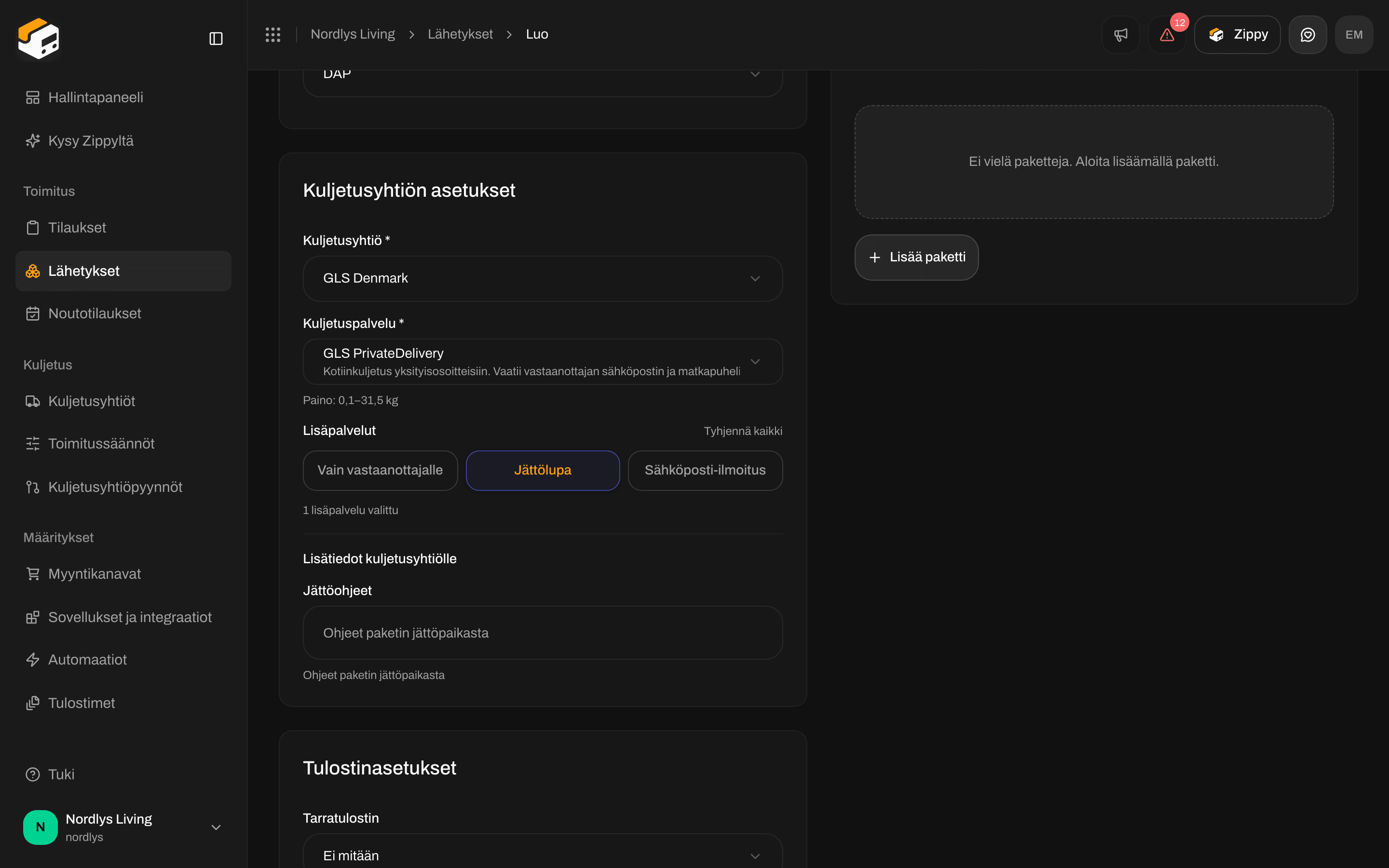 Lisätiedot kuljetusyhtiölle, jossa Deposit instructions -kenttä näkyy Deposit-lisäpalvelun käyttöönoton jälkeen