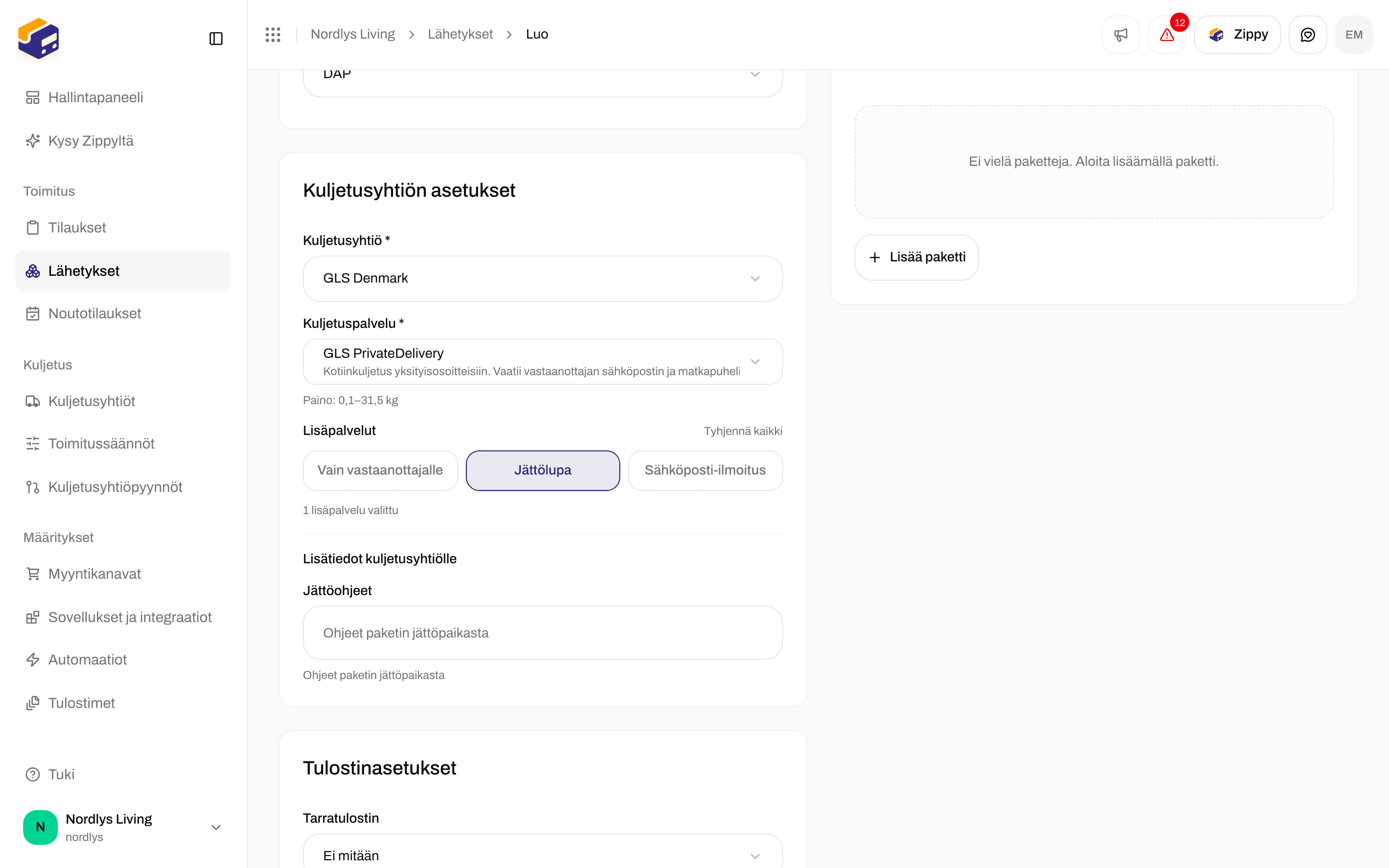 Lisätiedot kuljetusyhtiölle, jossa Deposit instructions -kenttä näkyy Deposit-lisäpalvelun käyttöönoton jälkeen