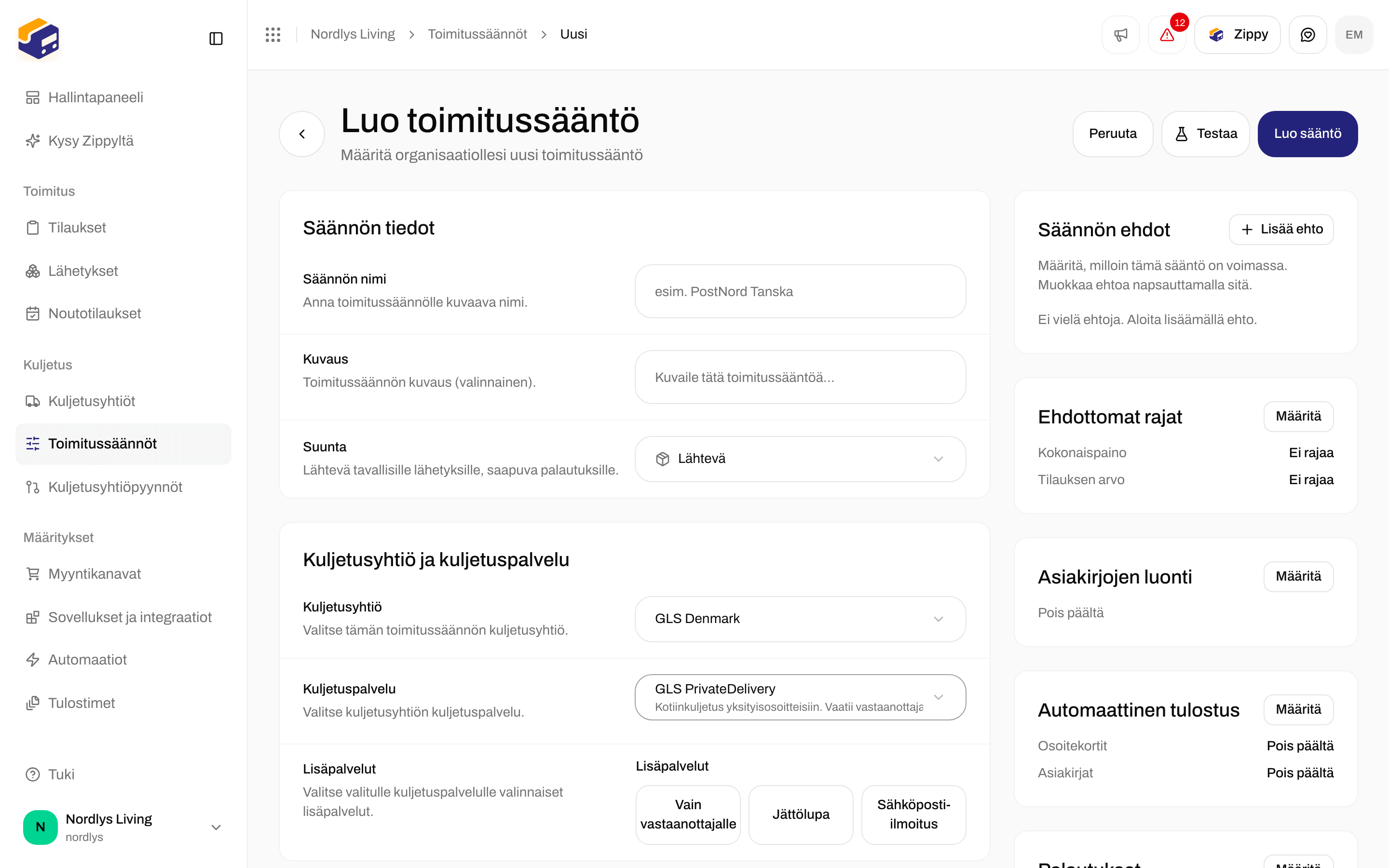 Toimitussäännön luontilomake, jossa näkyvät Kuljetusyhtiö-, Kuljetuspalvelu- ja Lisäpalvelut-kentät