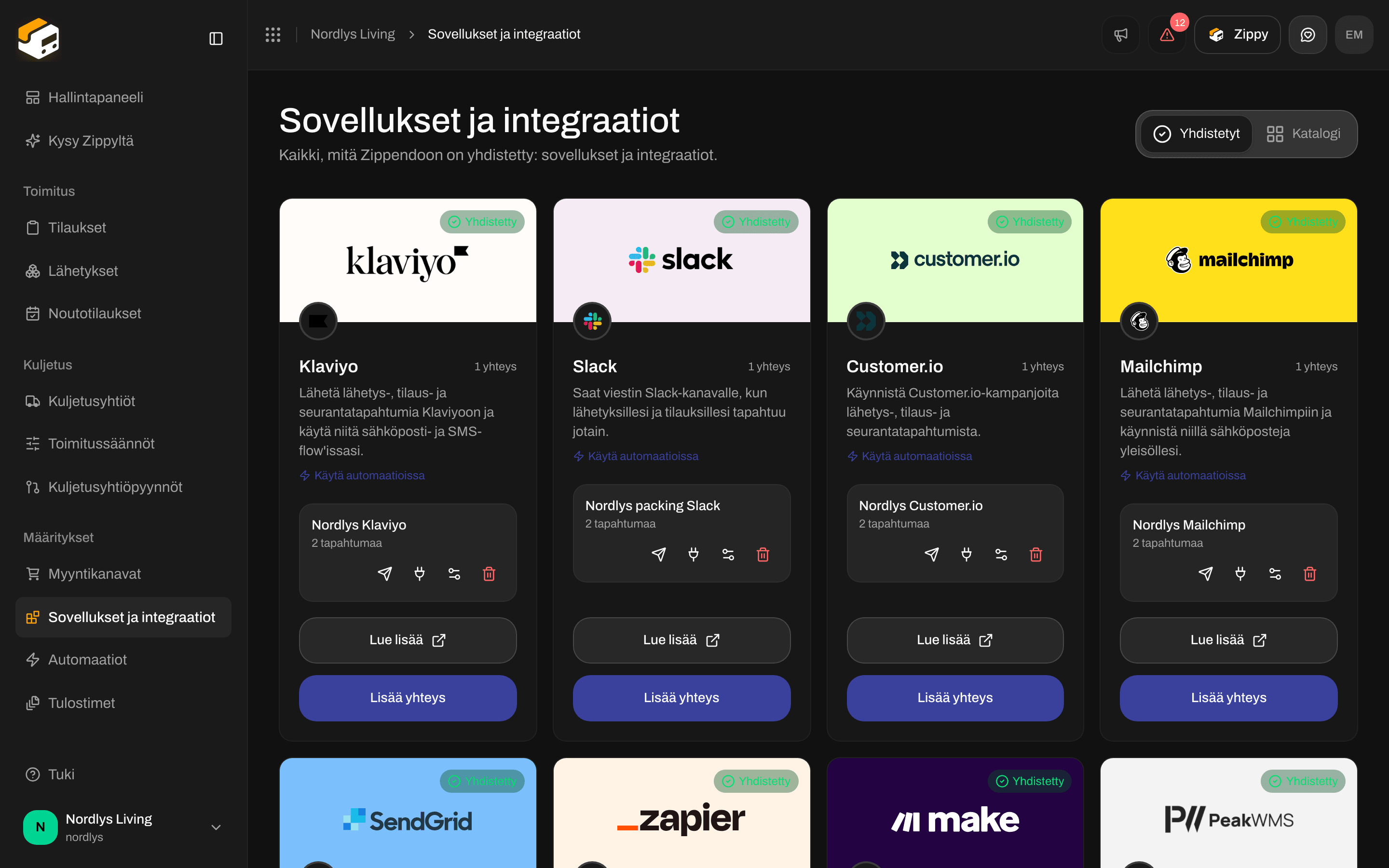 Yhdistetty-välilehti, jossa Slack-kortti näyttää yhden yhteyden ja neljä kuvaketta