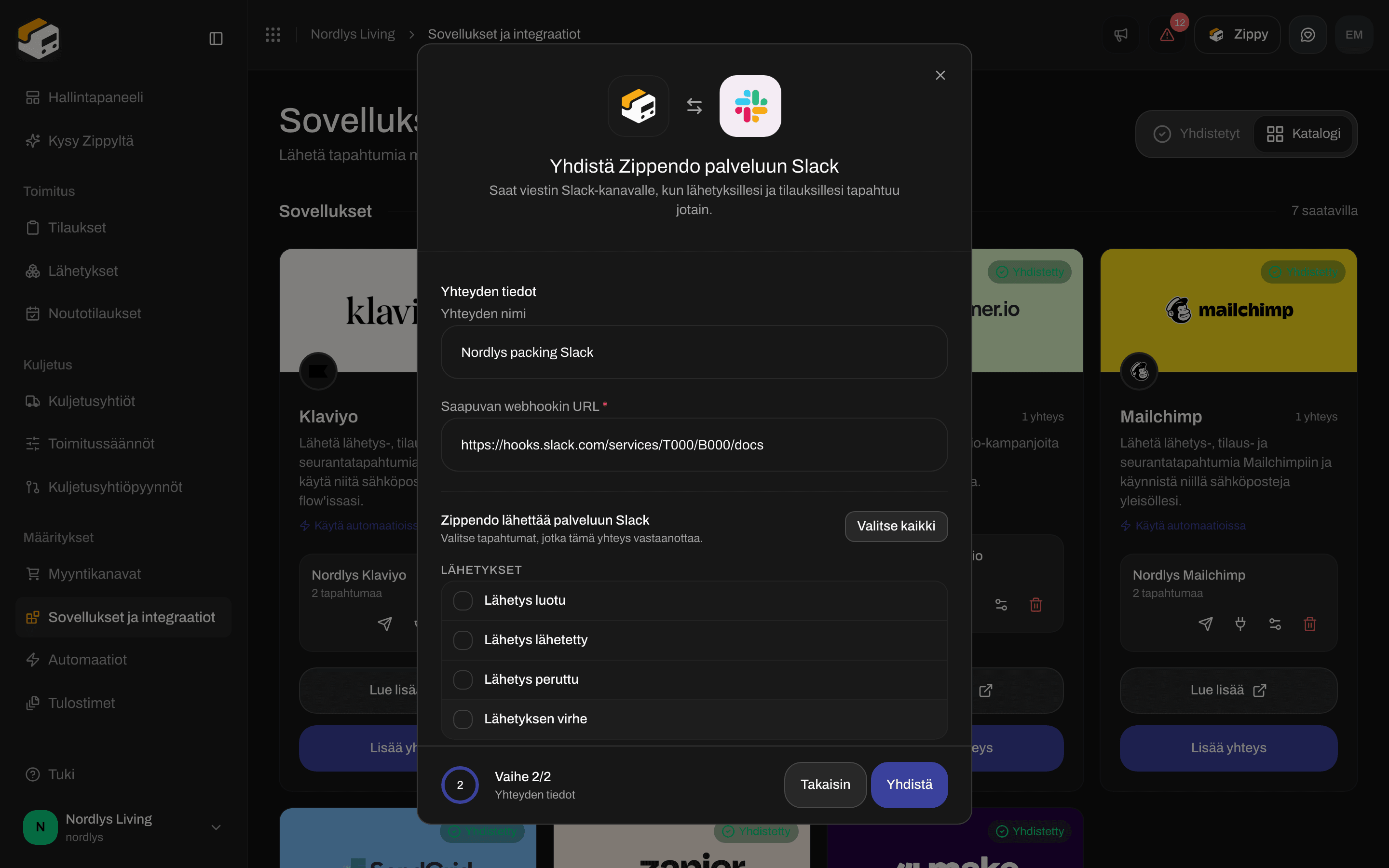 Slackin yhteysikkuna, jossa yhteyden nimi, Incoming webhook -URL ja tapahtumien valintaruudut
