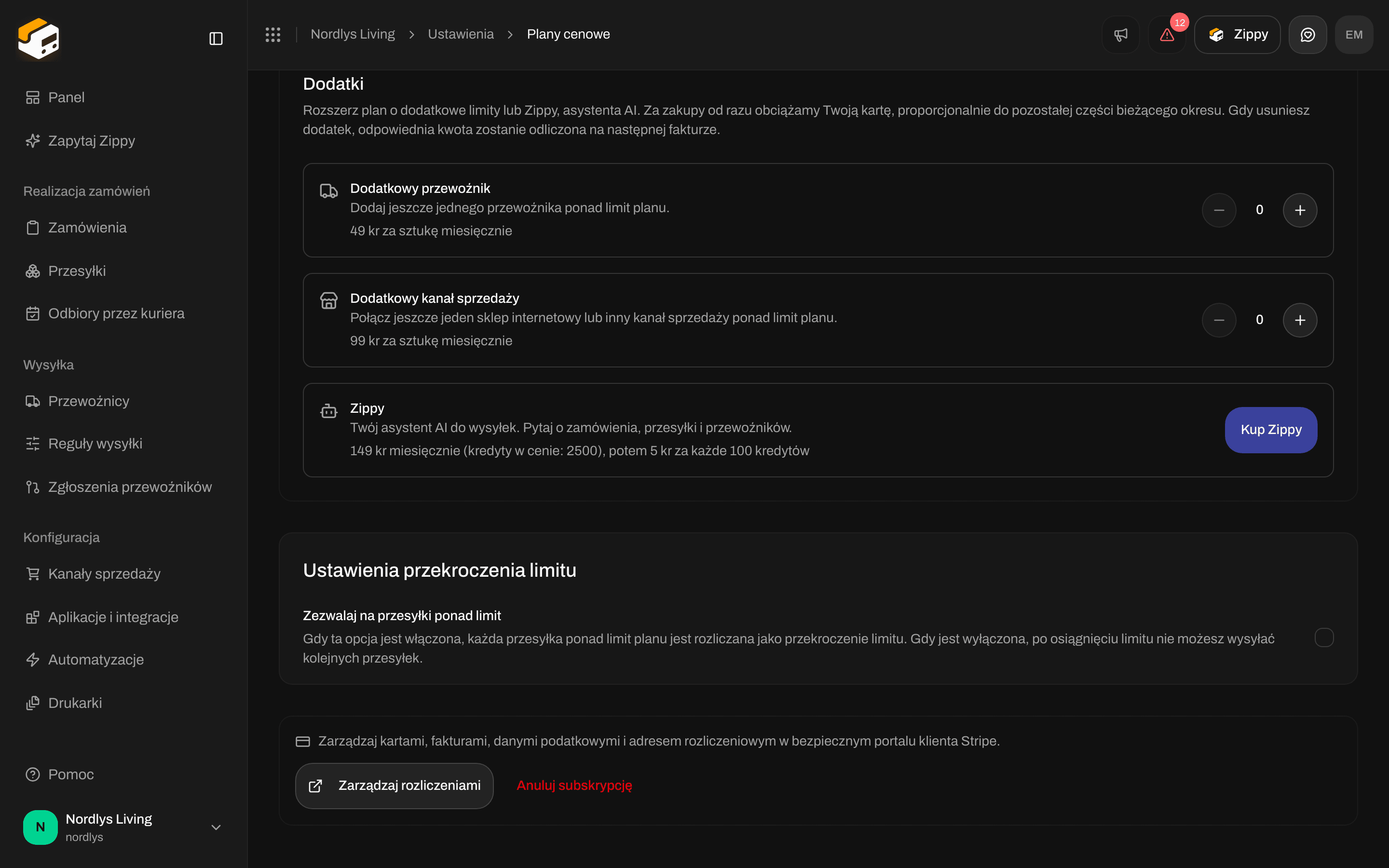 Ustawienia przekroczenia limitu z opcją Zezwalaj na przesyłki ponad limit i przyciskiem Zarządzaj rozliczeniami