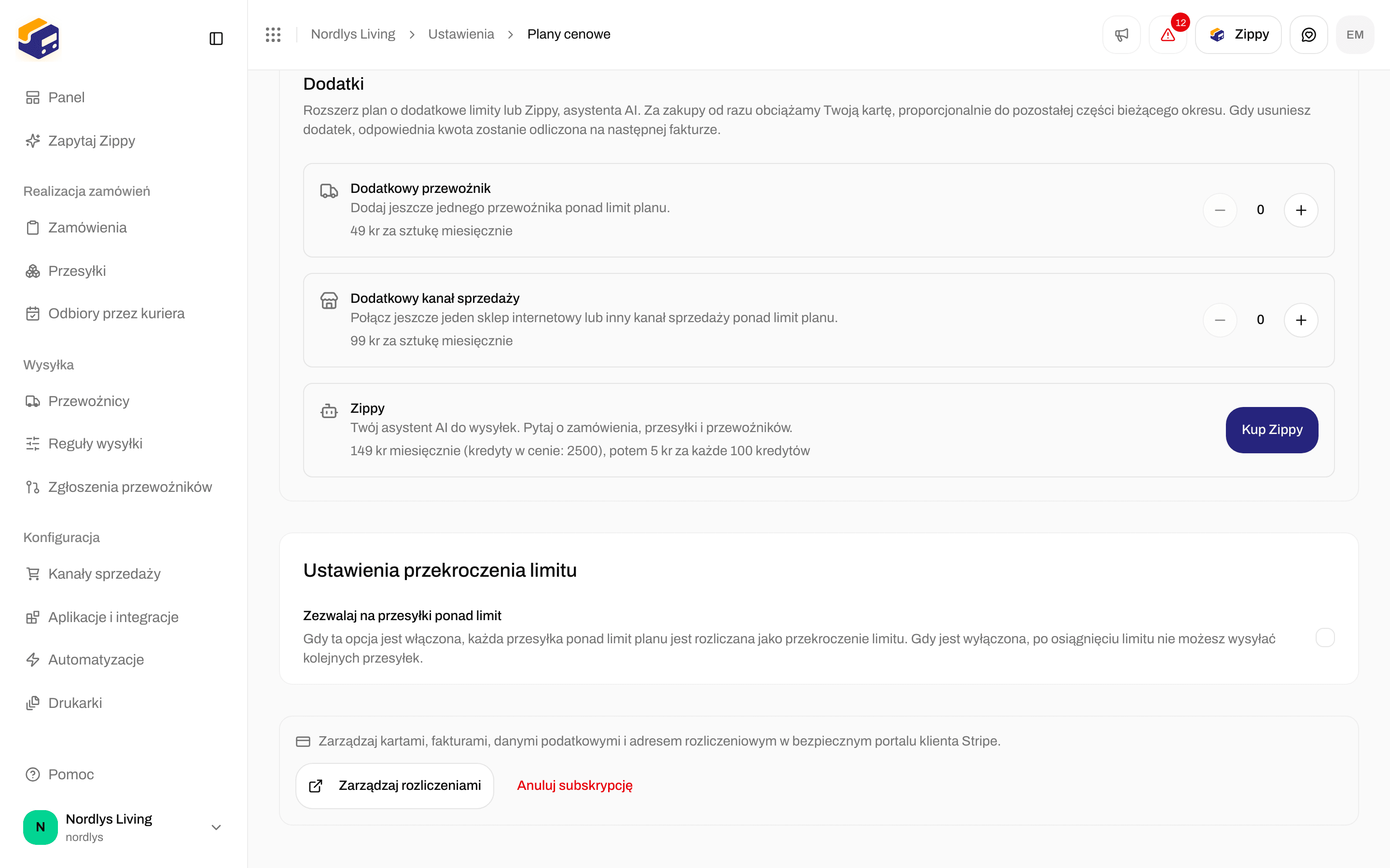 Ustawienia przekroczenia limitu z opcją Zezwalaj na przesyłki ponad limit i przyciskiem Zarządzaj rozliczeniami