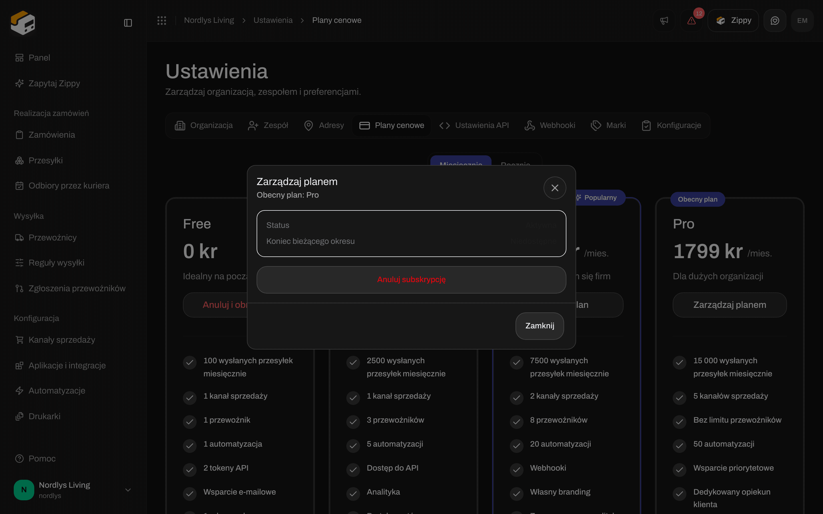 Okno Zarządzaj planem z obecnym planem, statusem i przyciskiem Anuluj subskrypcję