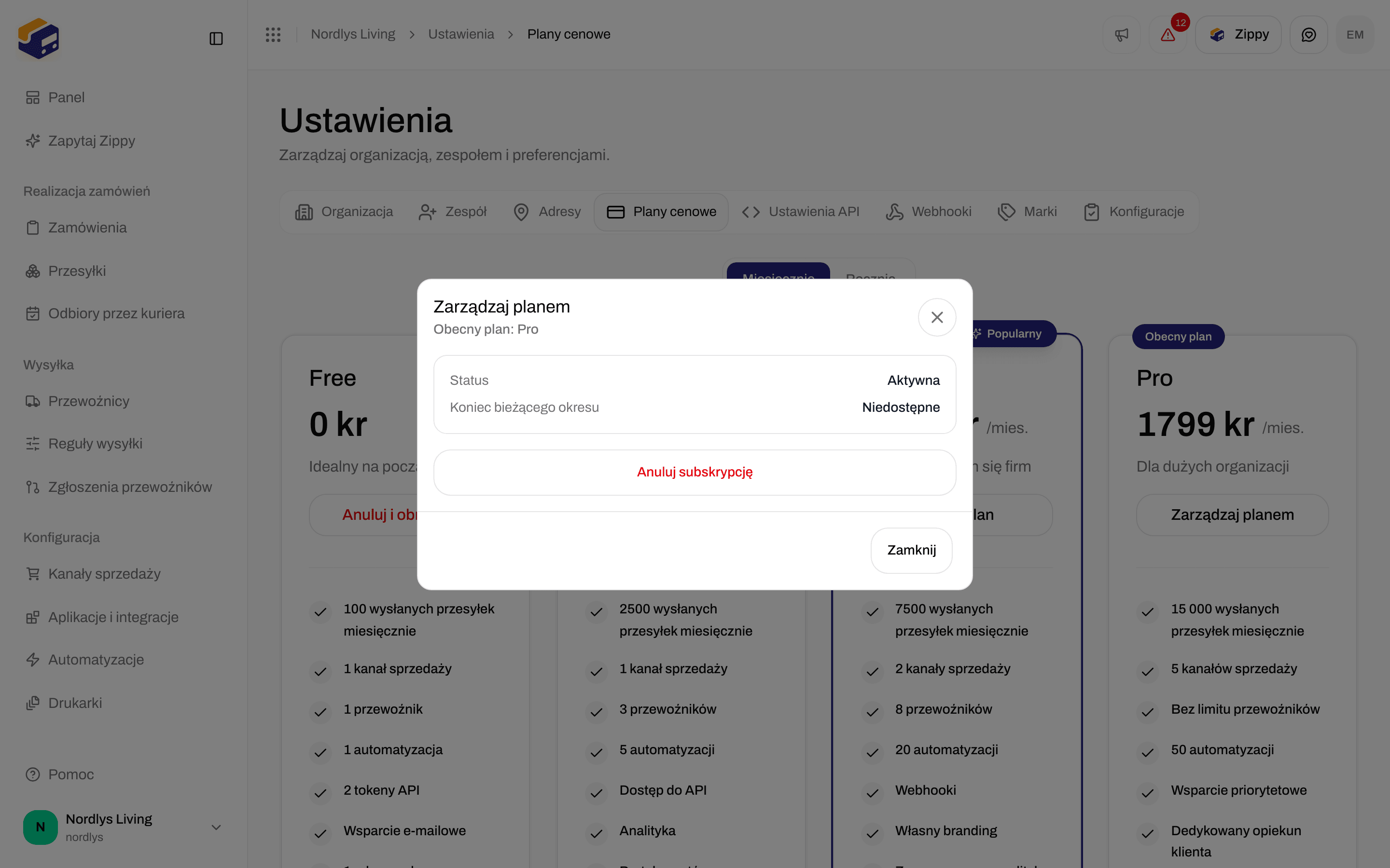 Okno Zarządzaj planem z obecnym planem, statusem i przyciskiem Anuluj subskrypcję