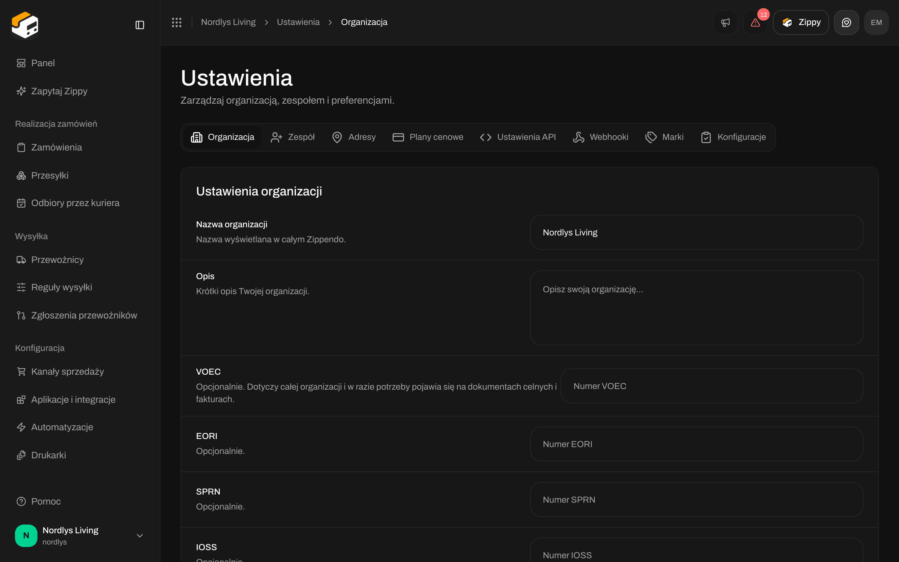 Sekcja Branding z przesyłaniem logo, Kolorem głównym, Kolorem dodatkowym i przyciskiem Zapisz