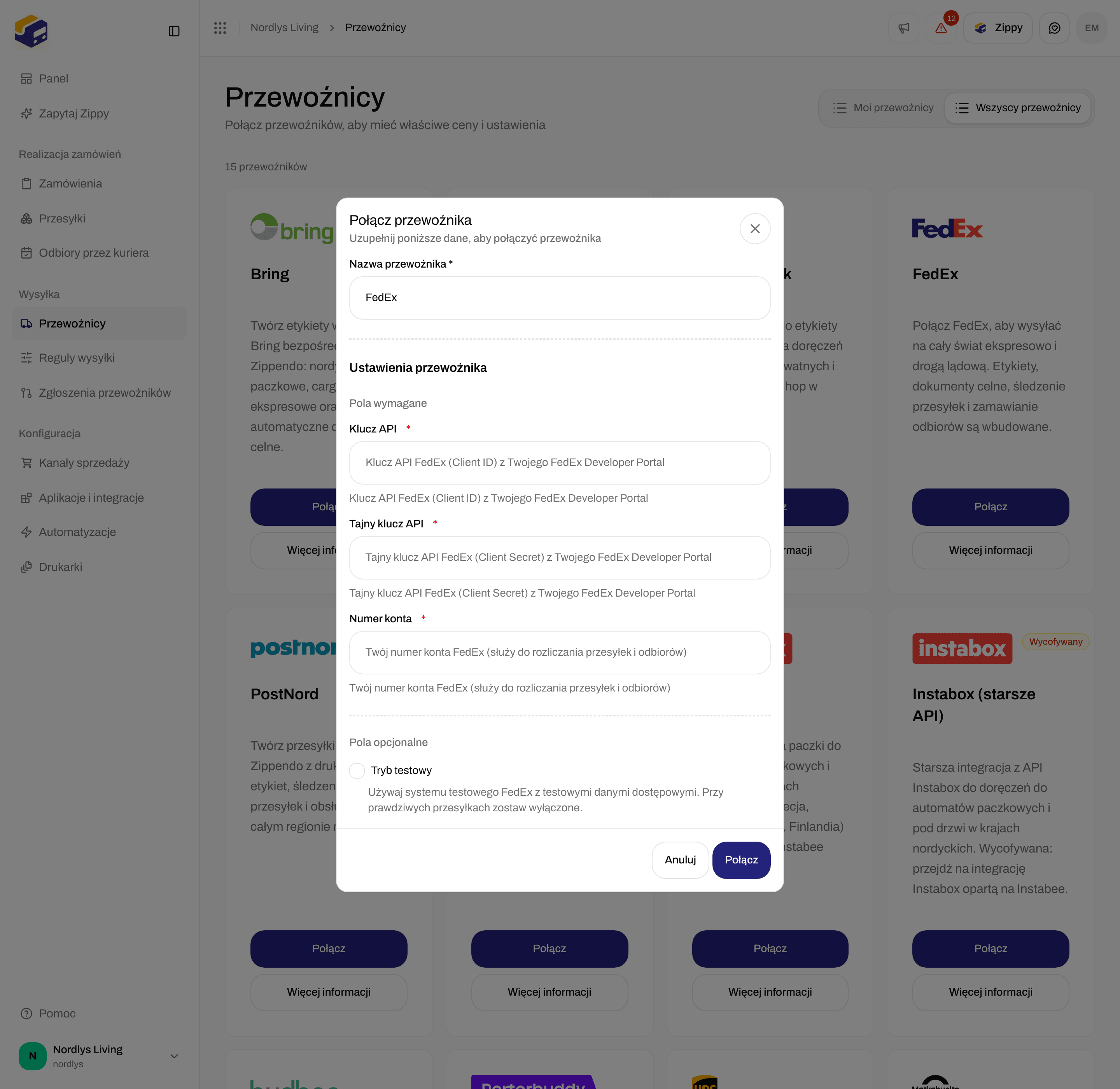 Połączenie przewoźnika FedEx z polami Klucz API, Tajny klucz API i Numer konta