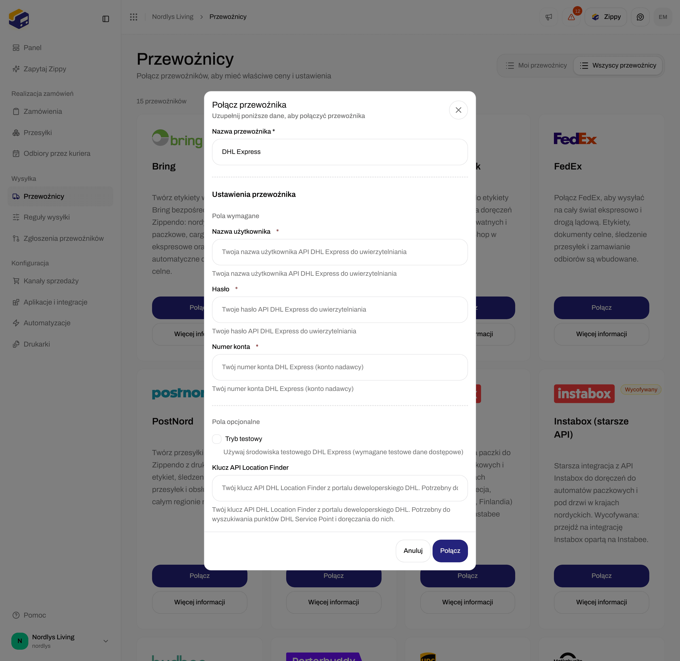 Formularz połączenia DHL Express przewinięty do pól Tryb testowy i Klucz API Location Finder