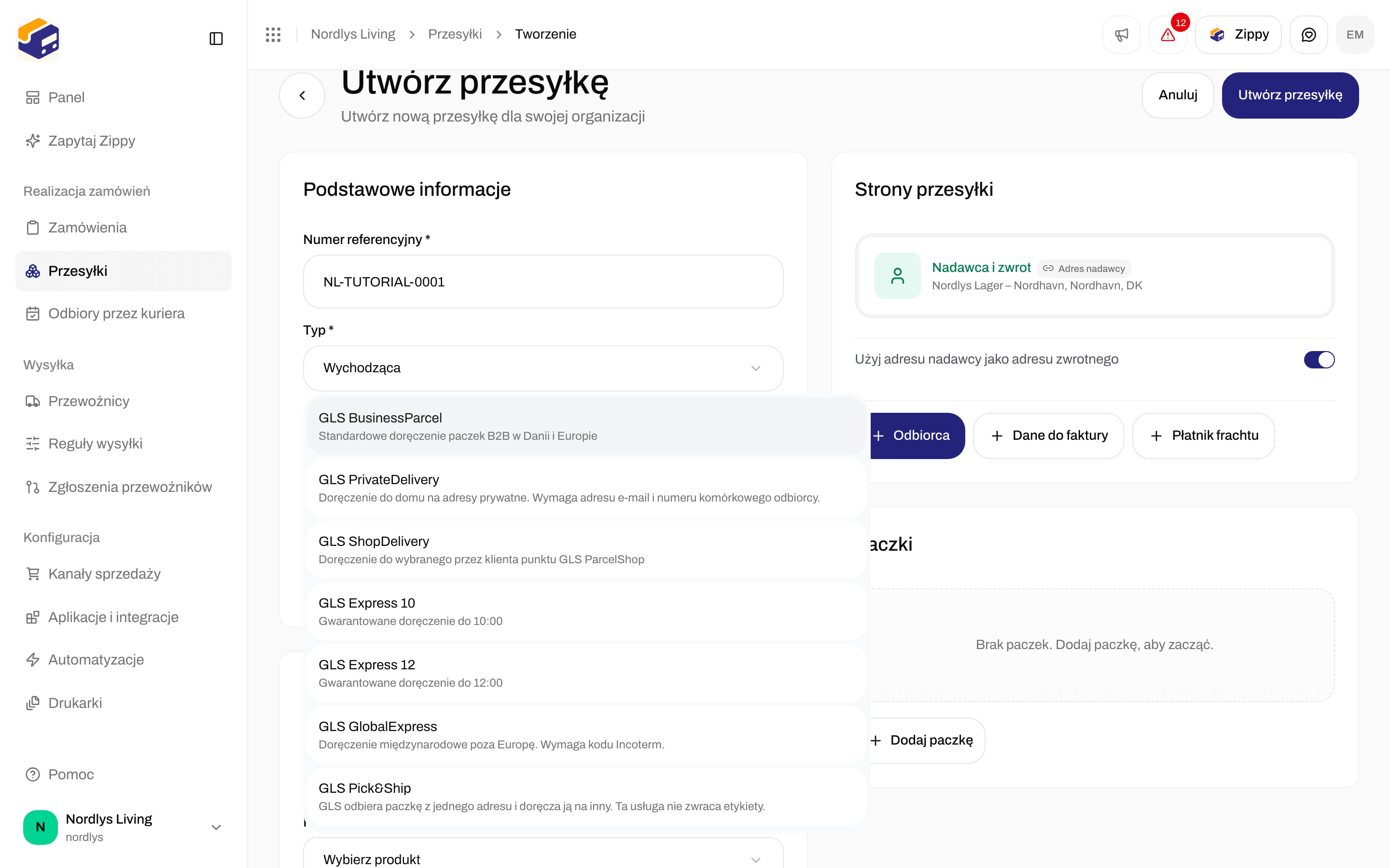 Karta Ustawienia przewoźnika z wybranym GLS Denmark i otwartą listą Produkt przewoźnika