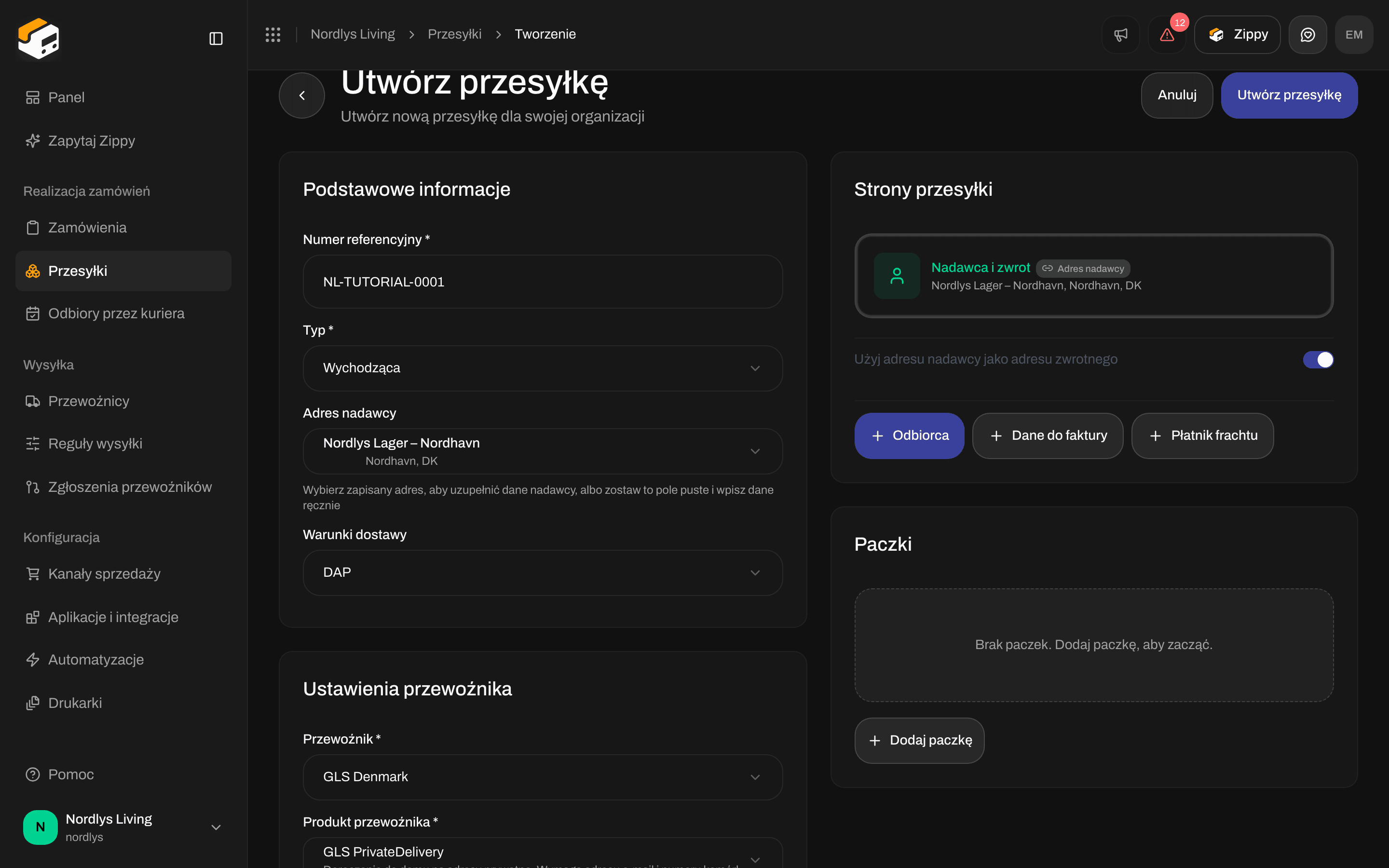 Karta Ustawienia przewoźnika z GLS PrivateDelivery i trzema usługami dodatkowymi