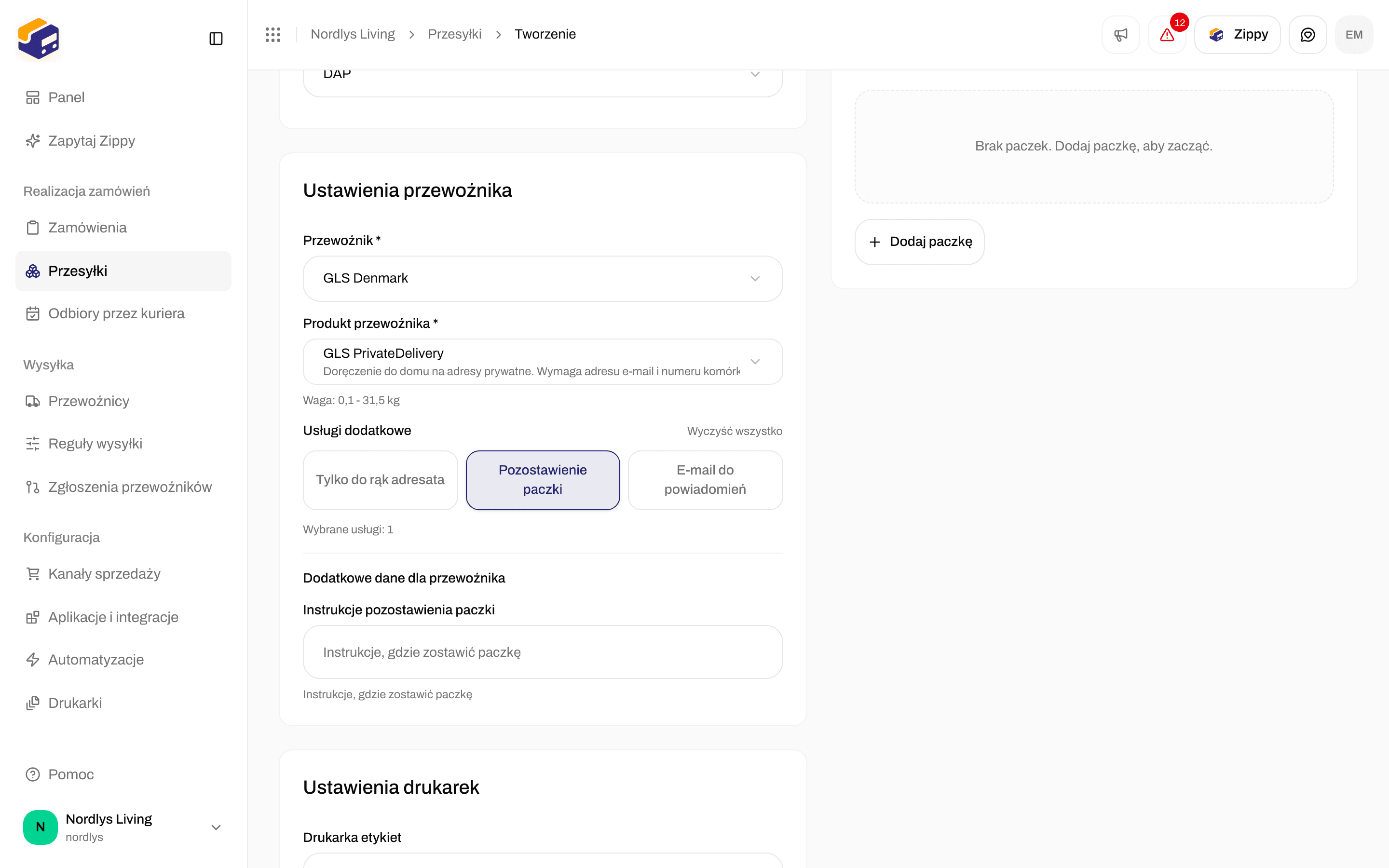 Dodatkowe dane dla przewoźnika z polem Instrukcje pozostawienia paczki po włączeniu Pozostawienie paczki