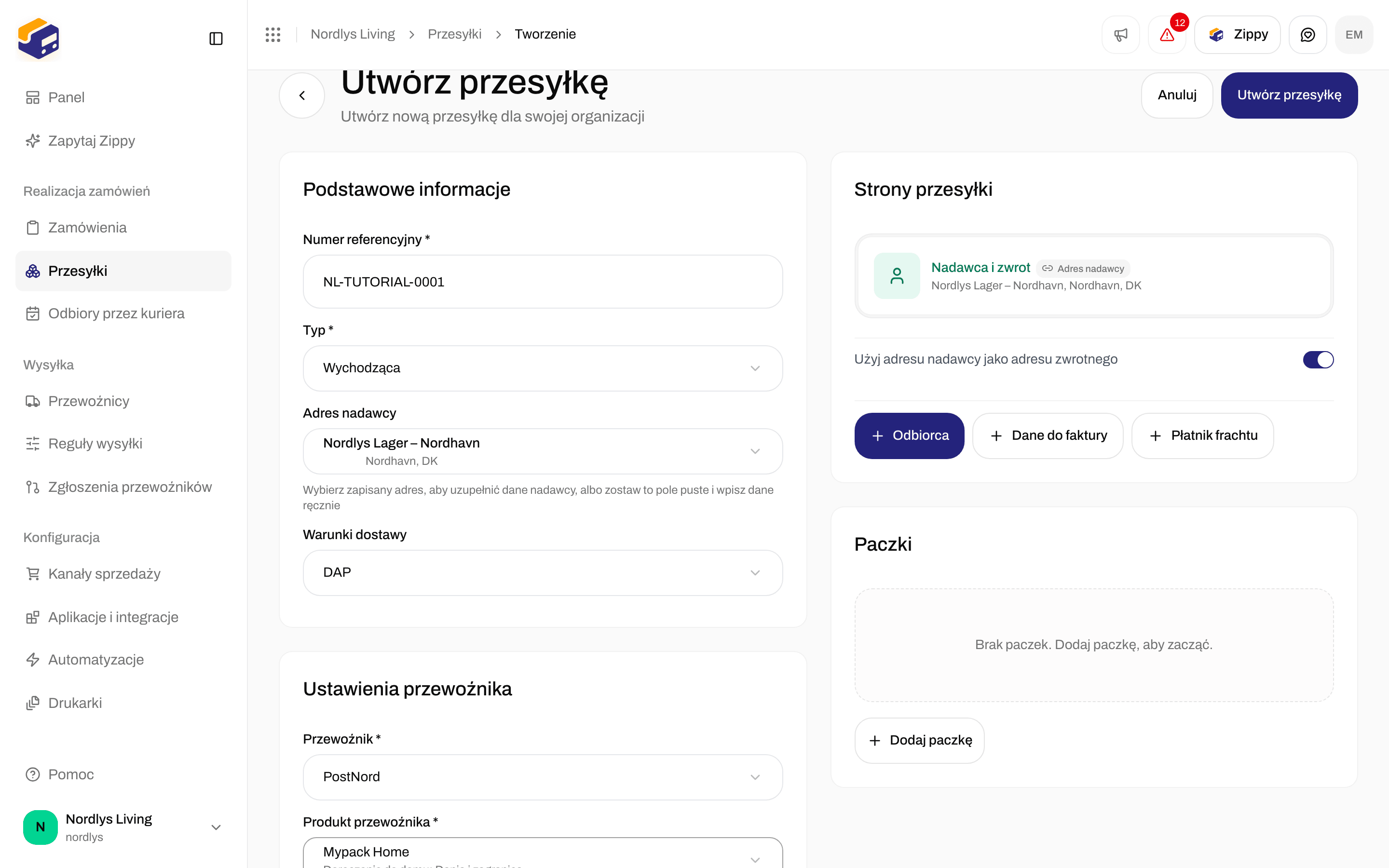 Karta Ustawienia przewoźnika z PostNord Mypack Home, jego usługami dodatkowymi i polem wyszukiwania
