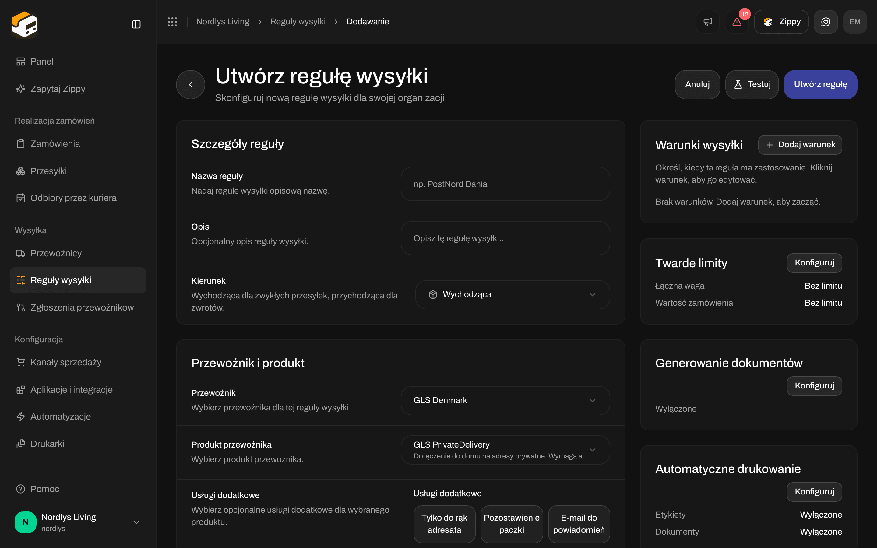 Formularz Utwórz regułę wysyłki z polami Przewoźnik, Produkt przewoźnika i Usługi dodatkowe