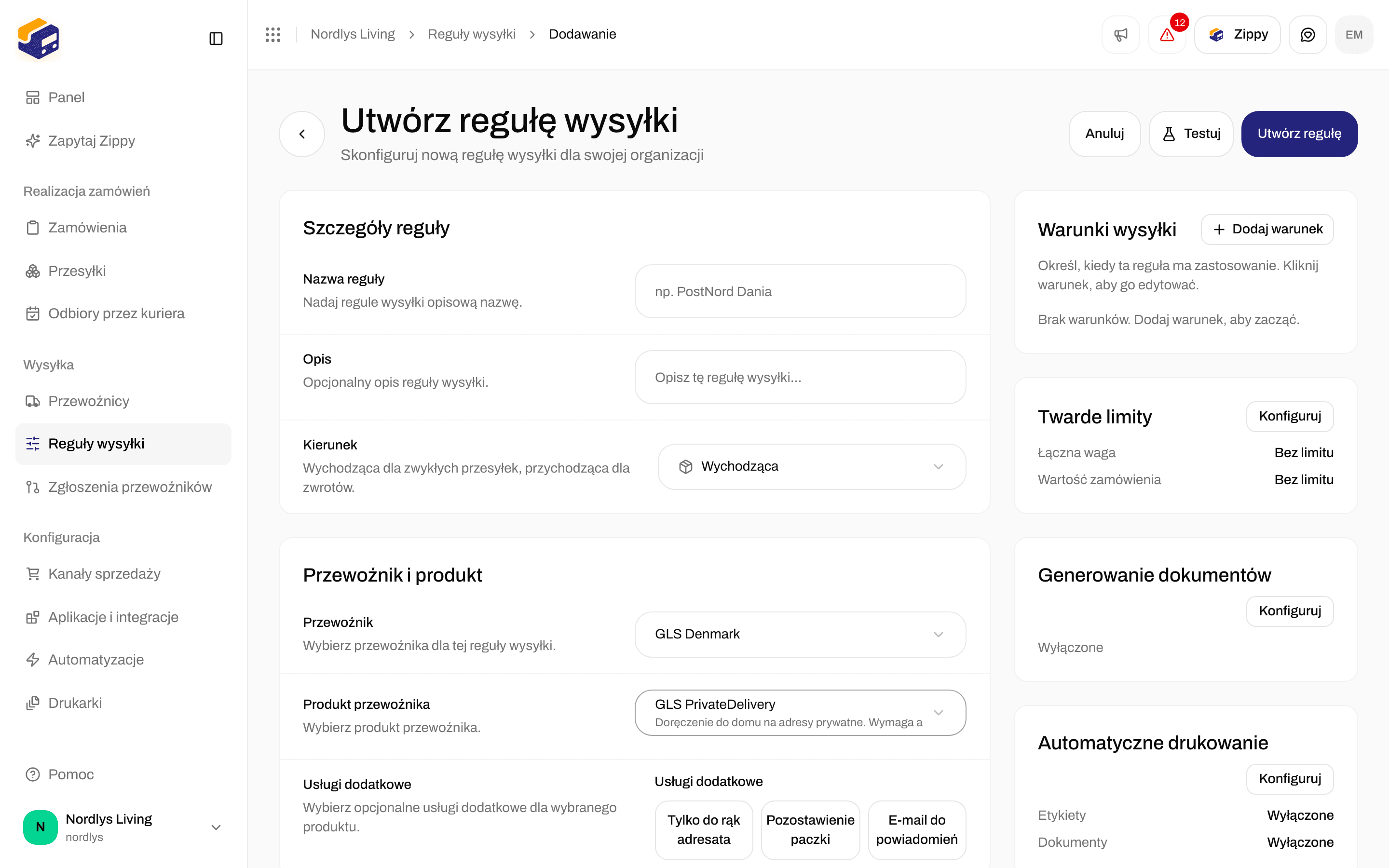 Formularz Utwórz regułę wysyłki z polami Przewoźnik, Produkt przewoźnika i Usługi dodatkowe