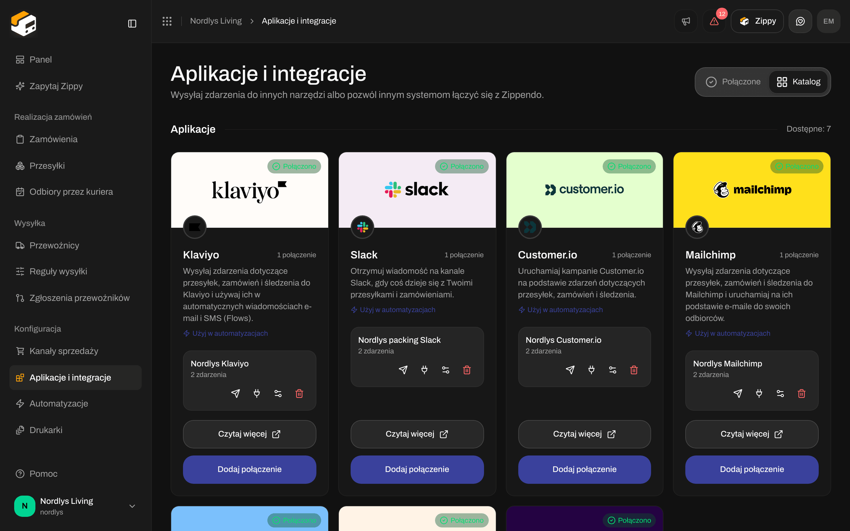 Katalog z kartami Klaviyo, Slack, Customer.io, Mailchimp, SendGrid, Zapier i Make