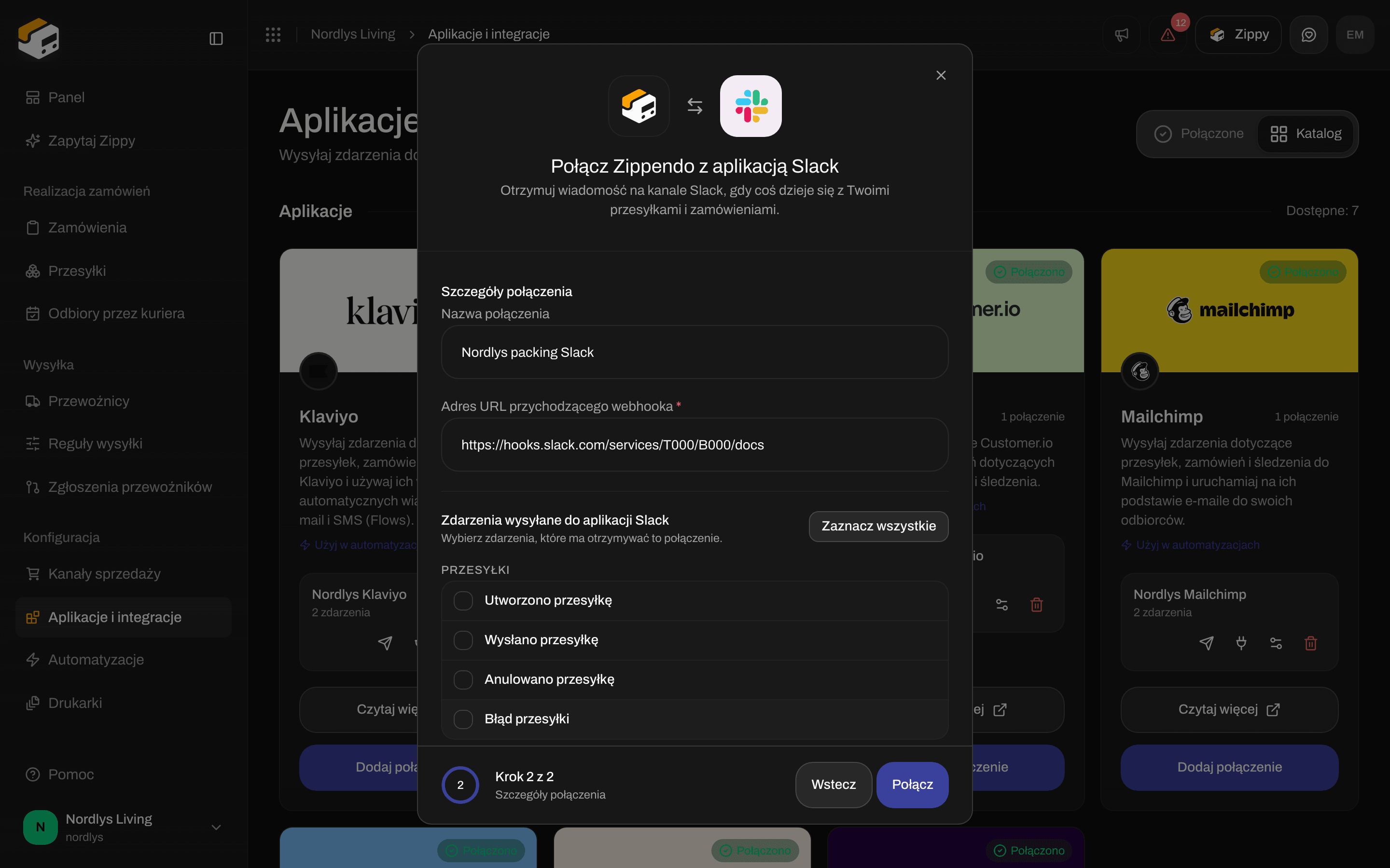 Okno połączenia dla Slack z nazwą połączenia, polem Adres URL Incoming Webhook i polami wyboru zdarzeń