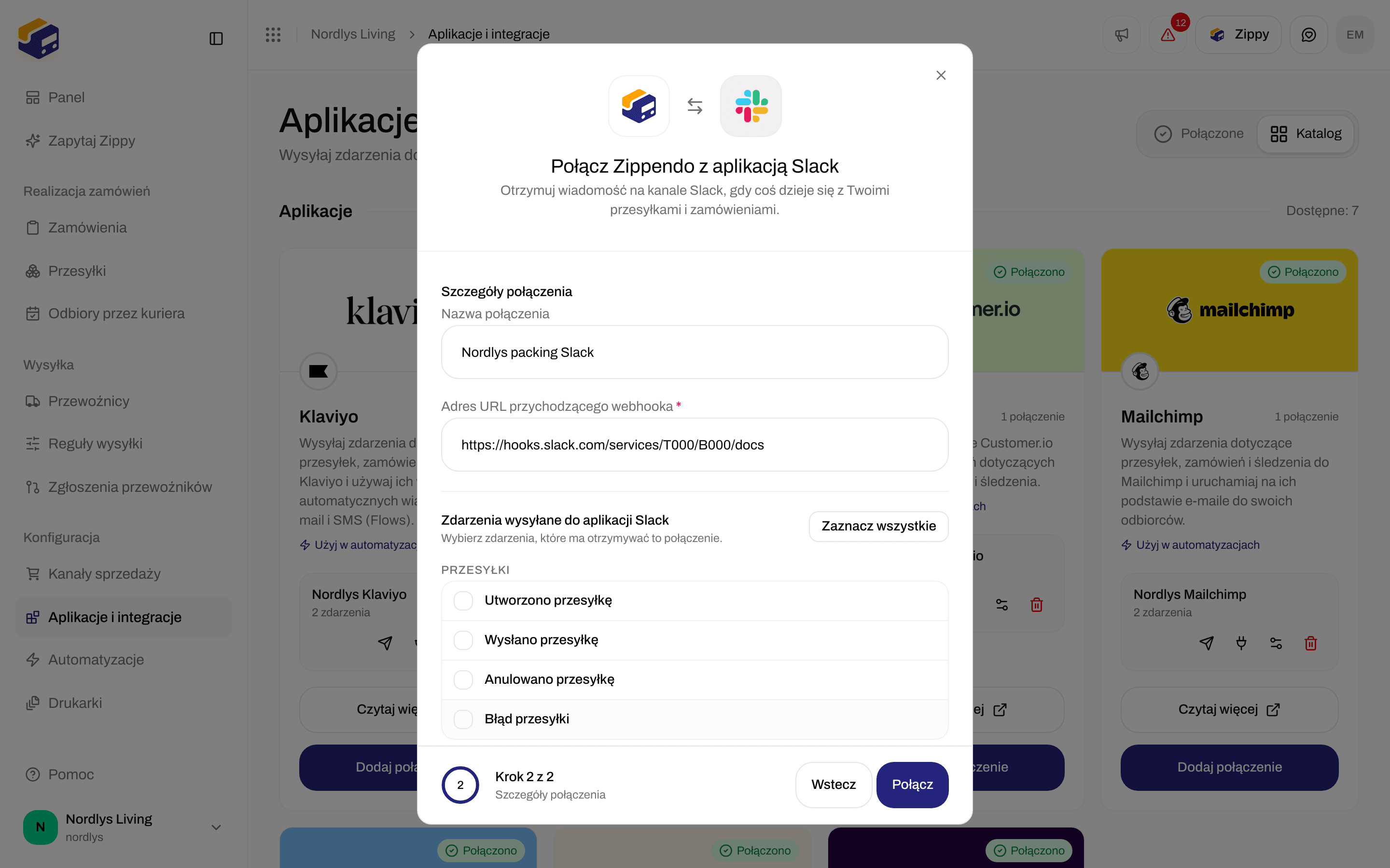 Okno połączenia dla Slack z nazwą połączenia, polem Adres URL Incoming Webhook i polami wyboru zdarzeń