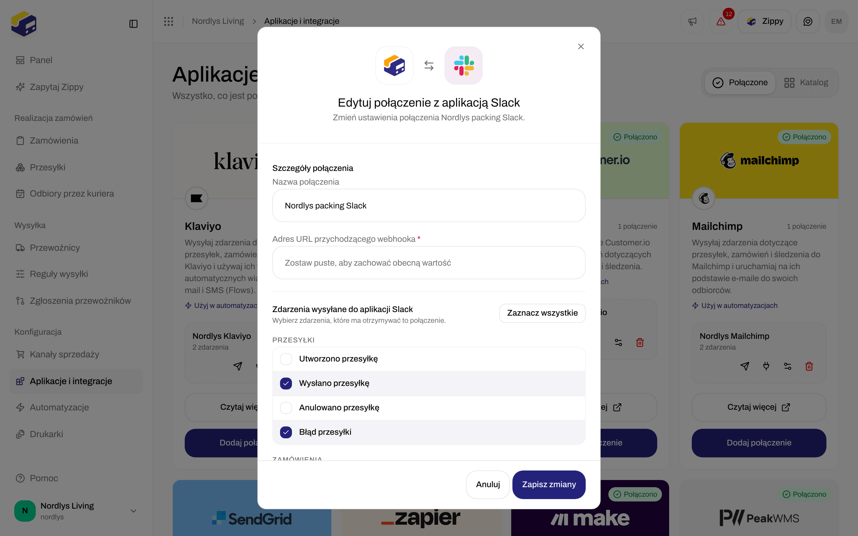 Okno edycji połączenia Slack z nazwą połączenia, pustym polem webhooka i zdarzeniami