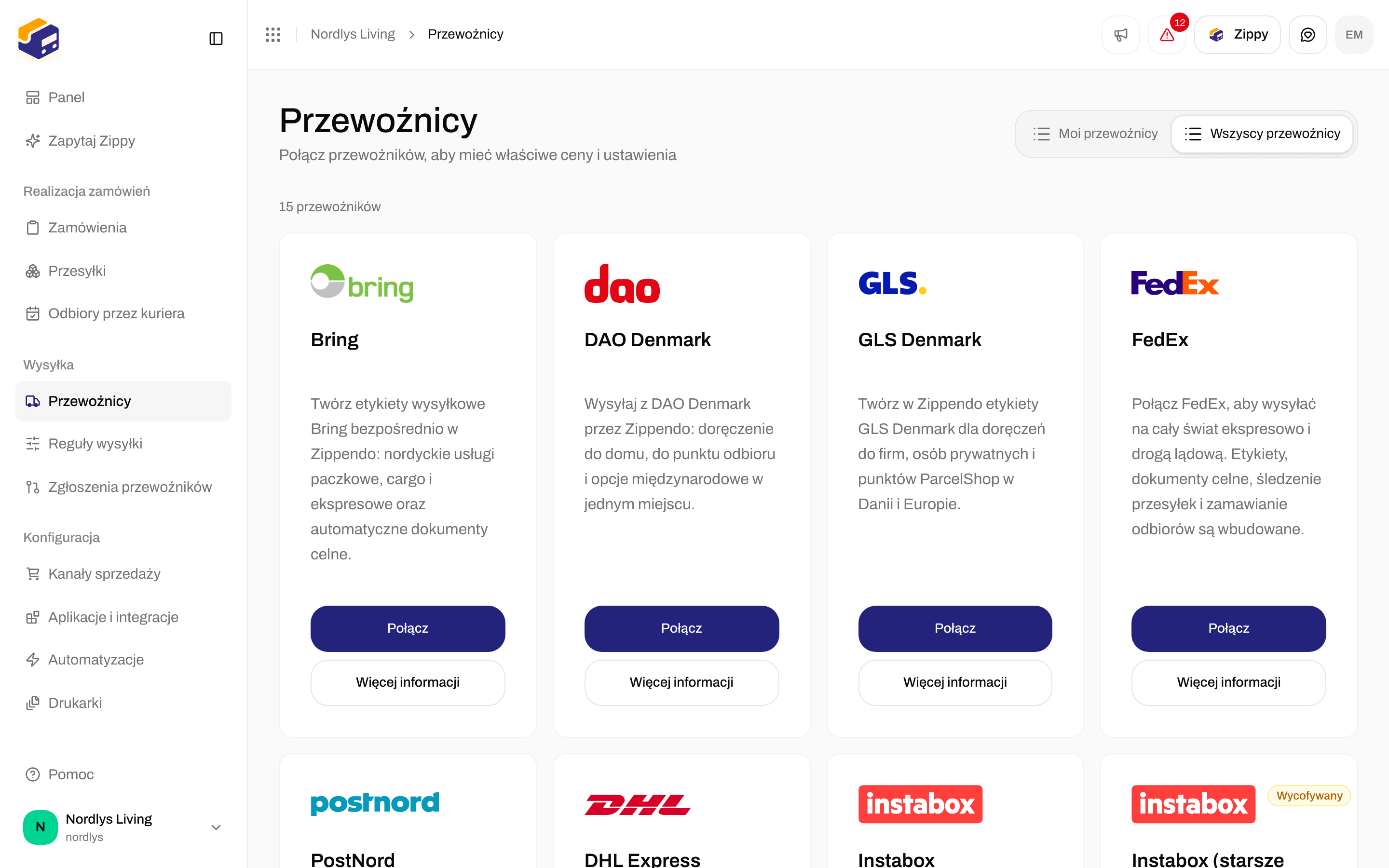 Wszyscy przewoźnicy z kartą Bring i jej przyciskami Połącz i Więcej informacji