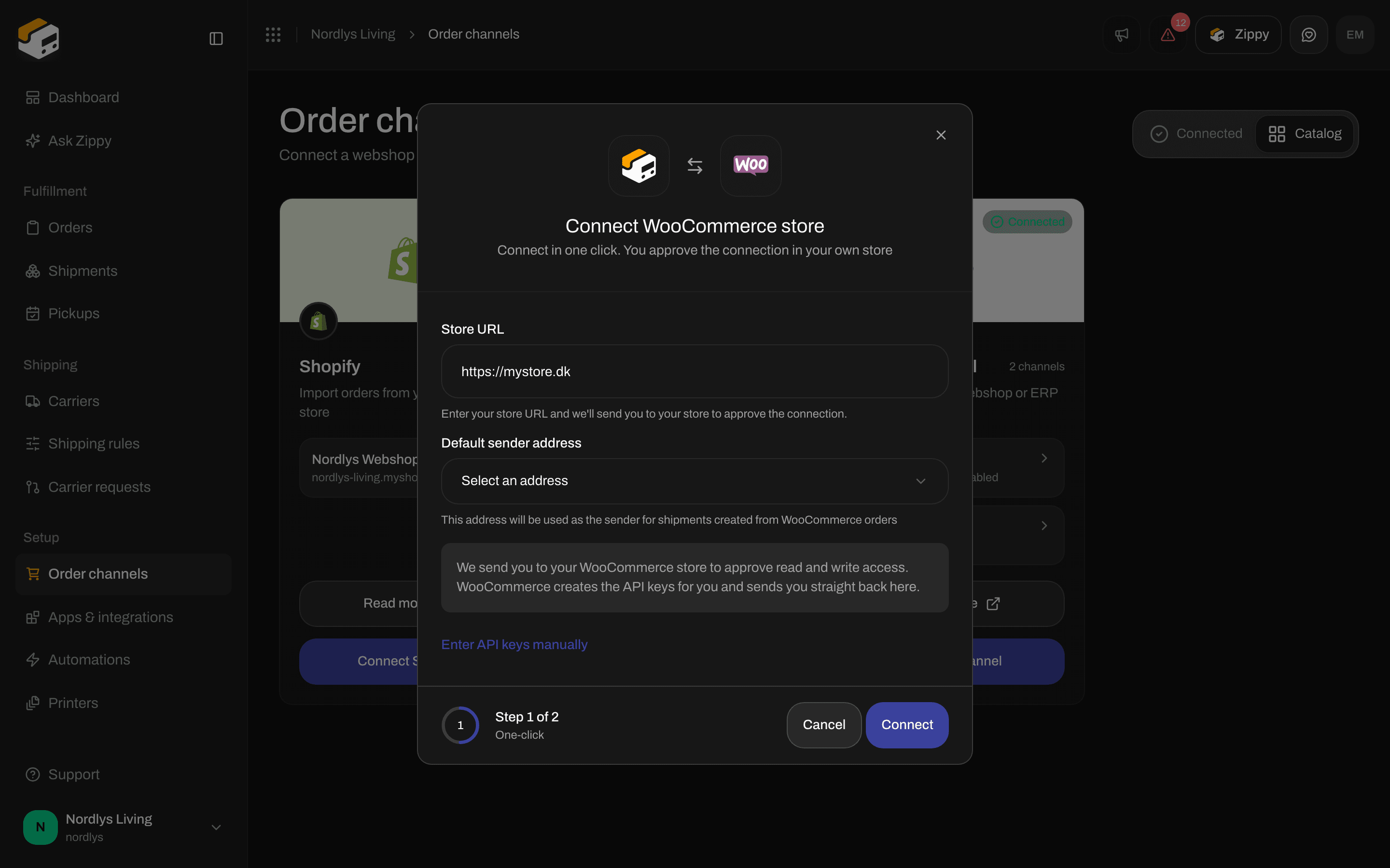 Connect WooCommerce store window with Store URL, Default sender address and Connect