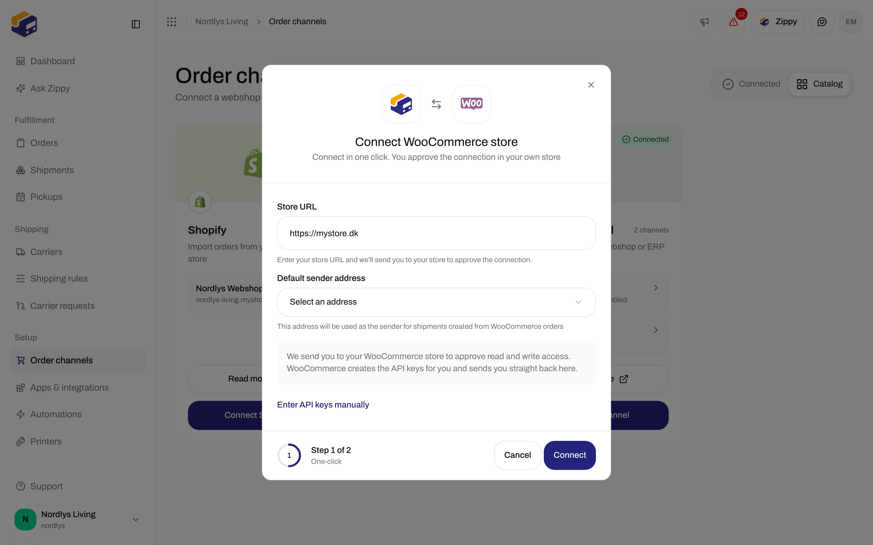 Connect WooCommerce store window with Store URL, Default sender address and Connect