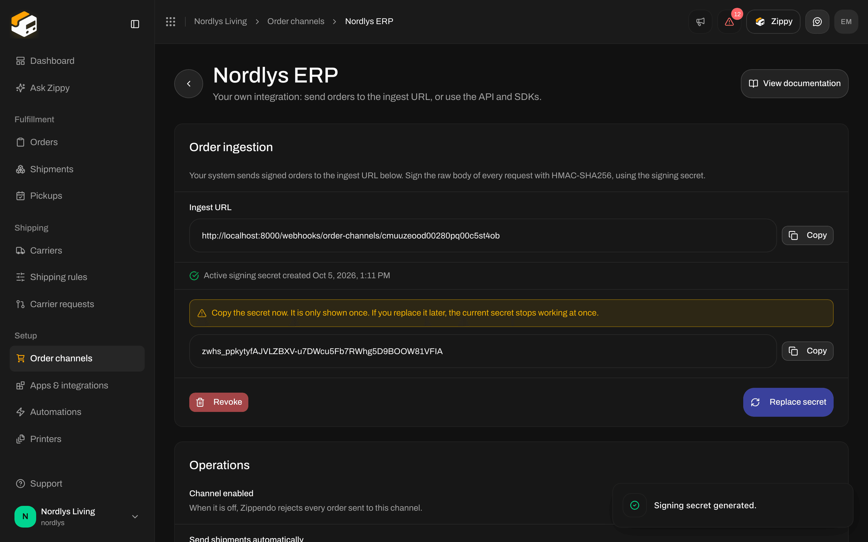 Order ingestion with the Ingest URL, the signing secret shown once, Revoke and Replace secret