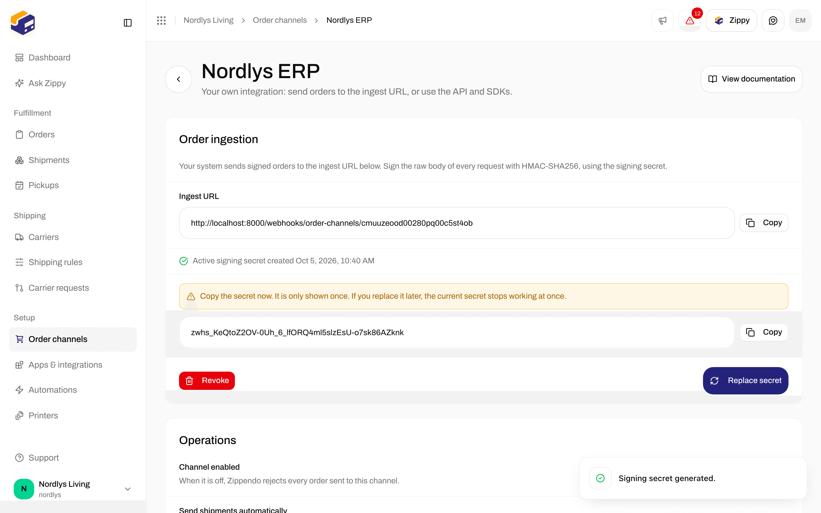 Order ingestion with the Ingest URL, the signing secret shown once, Revoke and Replace secret