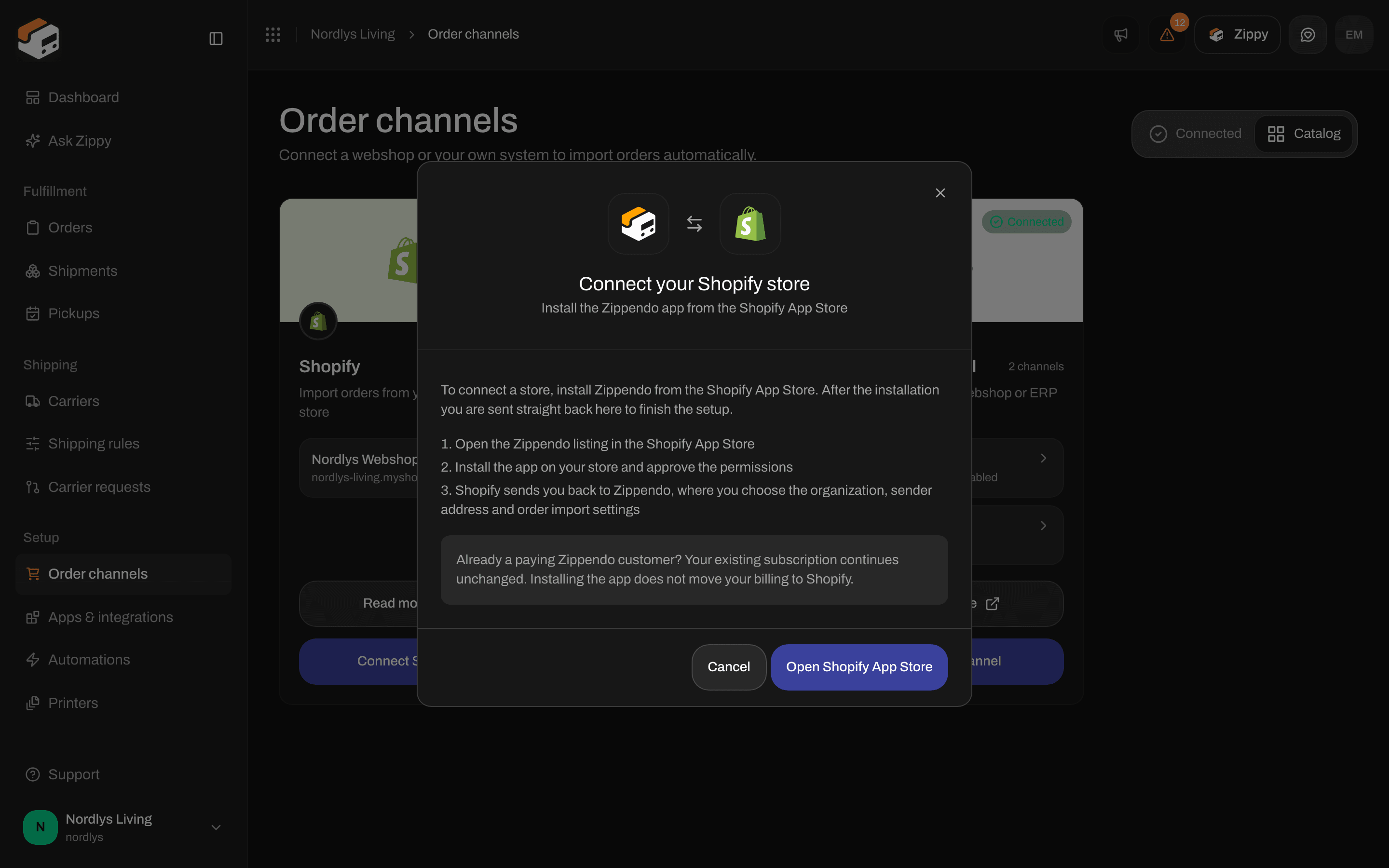 Window titled Connect your Shopify store with three steps: open the App Store listing, install and approve the permissions, then Shopify sends you back to Zippendo to choose the organization, sender address and order import settings