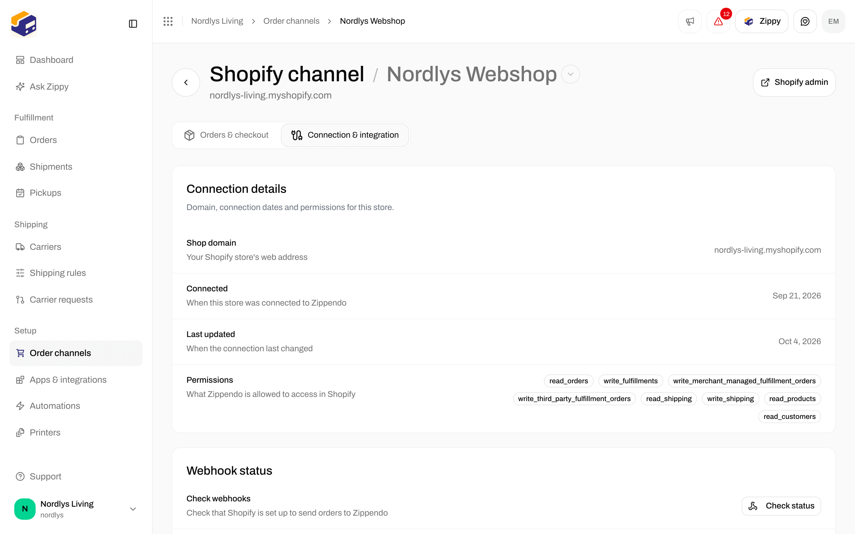 Connection and integration tab with the shop domain, connected date, permissions, and Webhook status with Check status