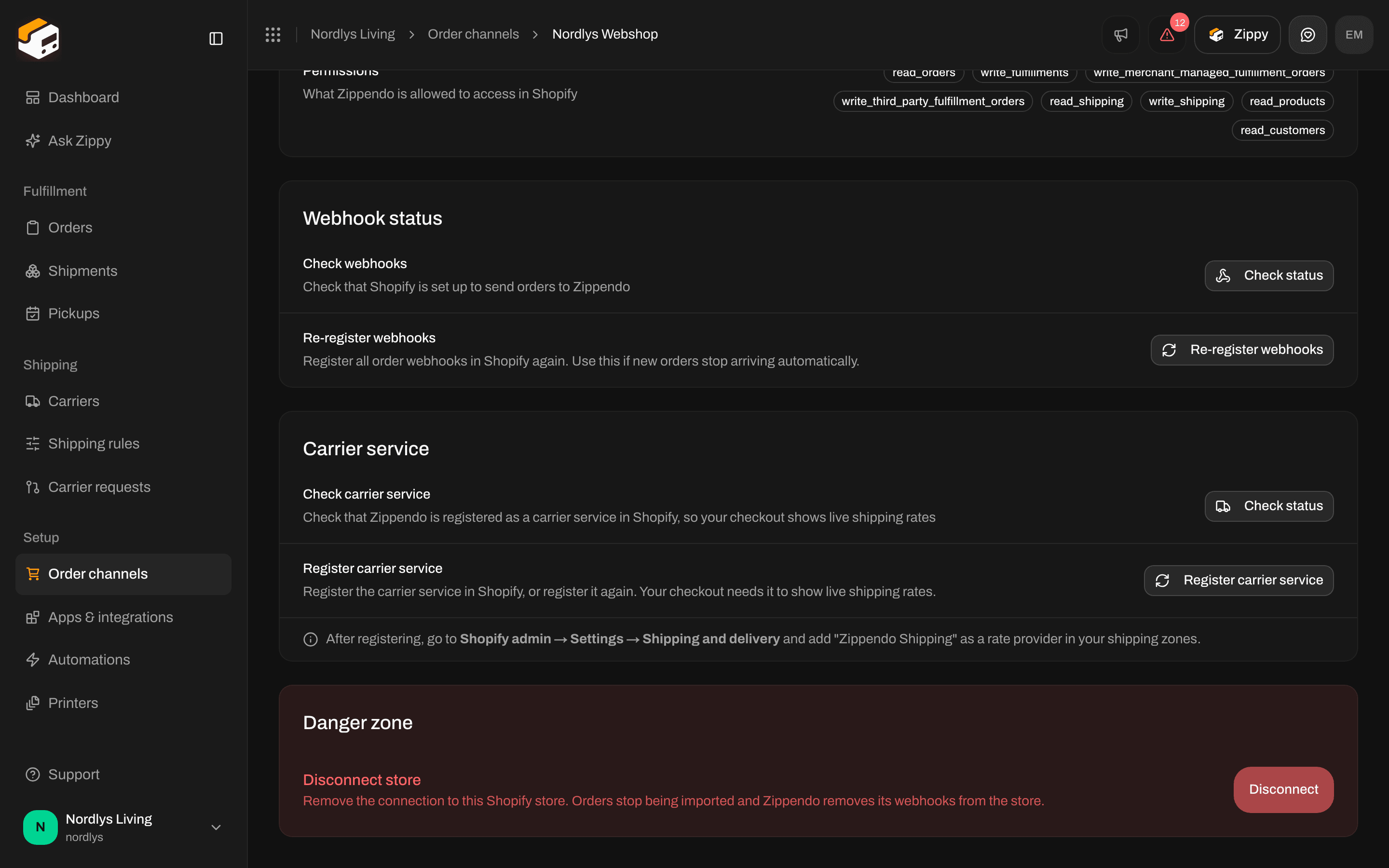 Connection tab with Webhook status, Carrier service and the Danger zone with Disconnect store